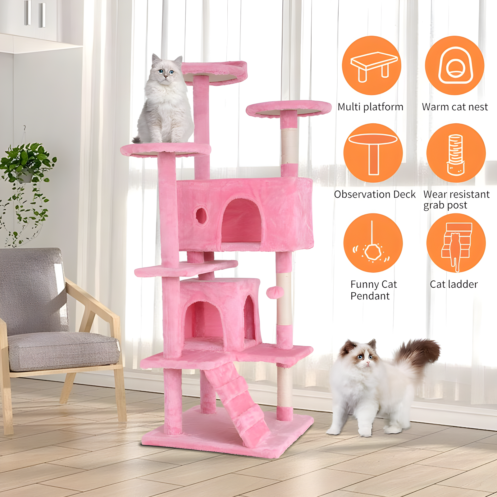 Tucker Murphy Pet™ Cat Tree With Large Top Perch, Plush Hammock, Cat Shelves And Dangling Pompom, Cat Scratching Posts And 2 Condos Houses