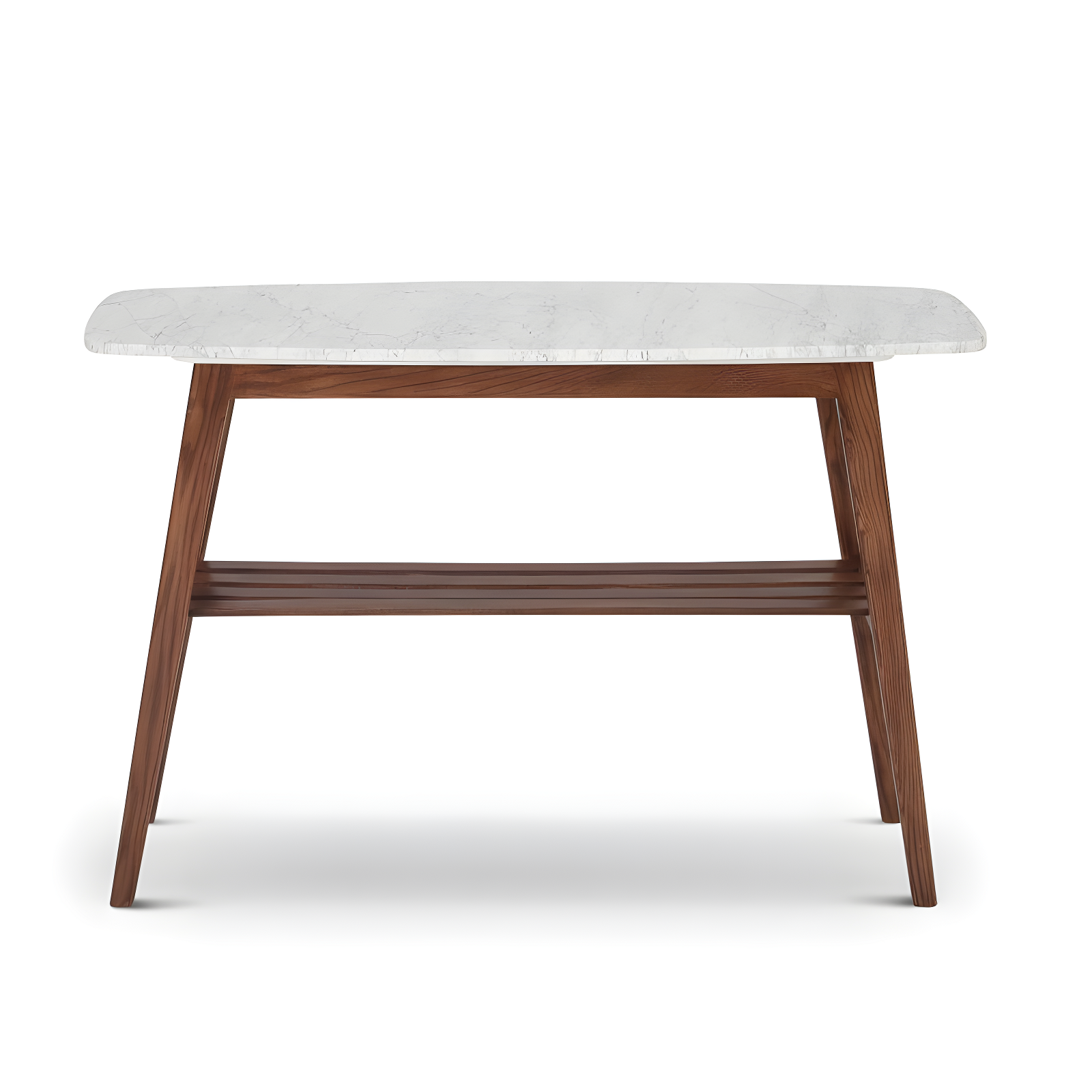 The Bianco Collection Castello 43" Rectangular Italian Carrara White Marble Console Table with Walnut Shelf