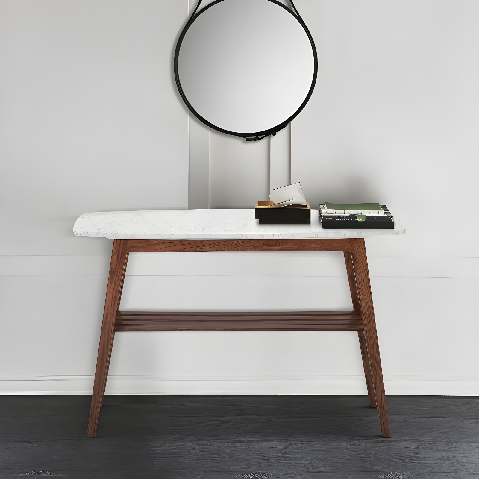 The Bianco Collection Castello 43" Rectangular Italian Carrara White Marble Console Table with Walnut Shelf