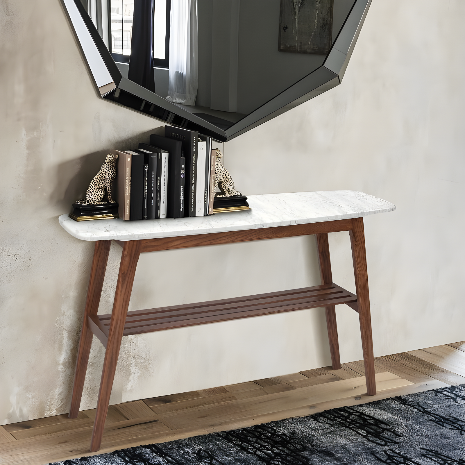 The Bianco Collection Castello 43" Rectangular Italian Carrara White Marble Console Table with Walnut Shelf