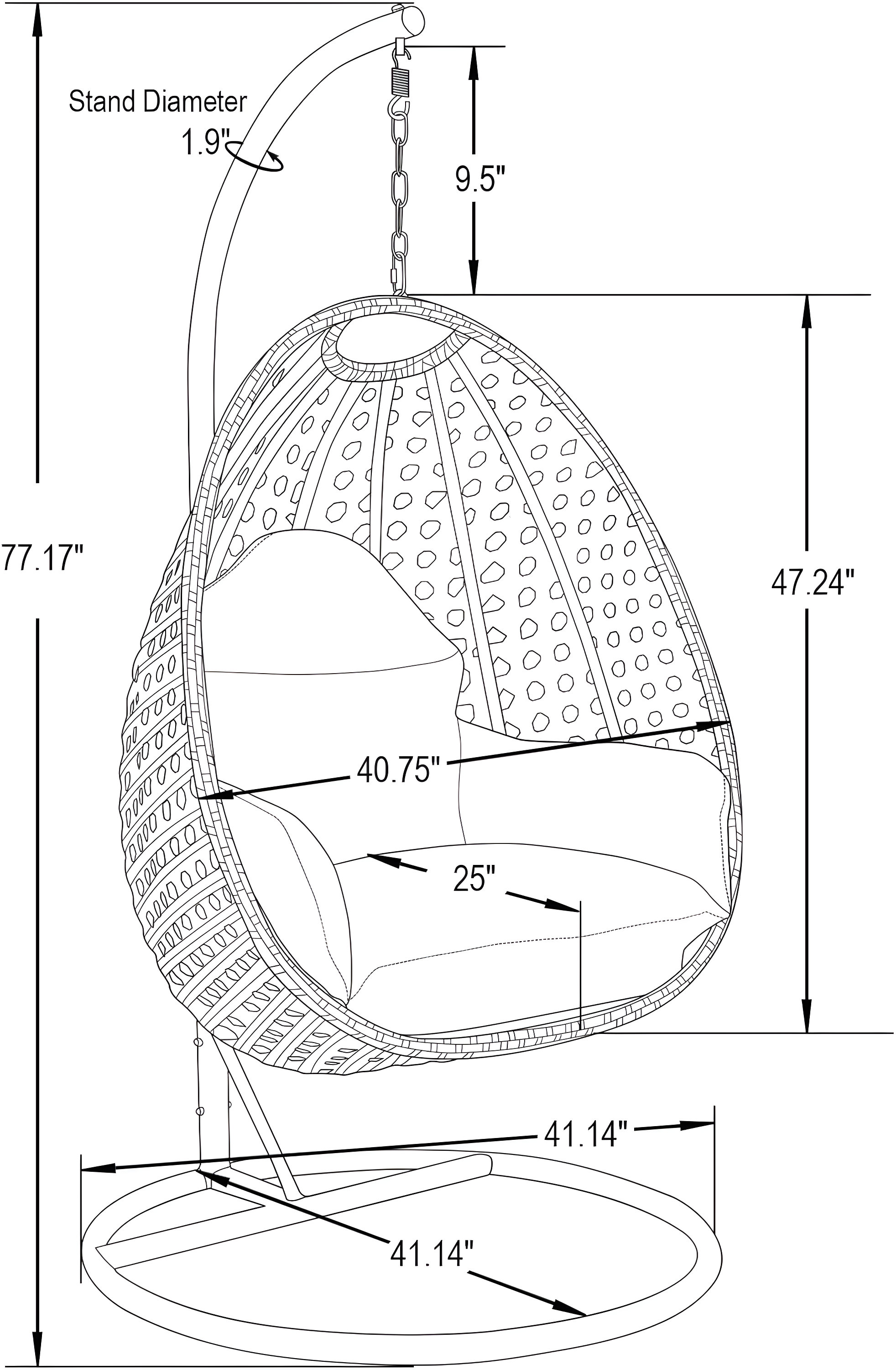 LeisureMod White Wicker Indoor Outdoor Bedroom Patio Hanging Egg Swing Chair with Stand and Cushion Beige
