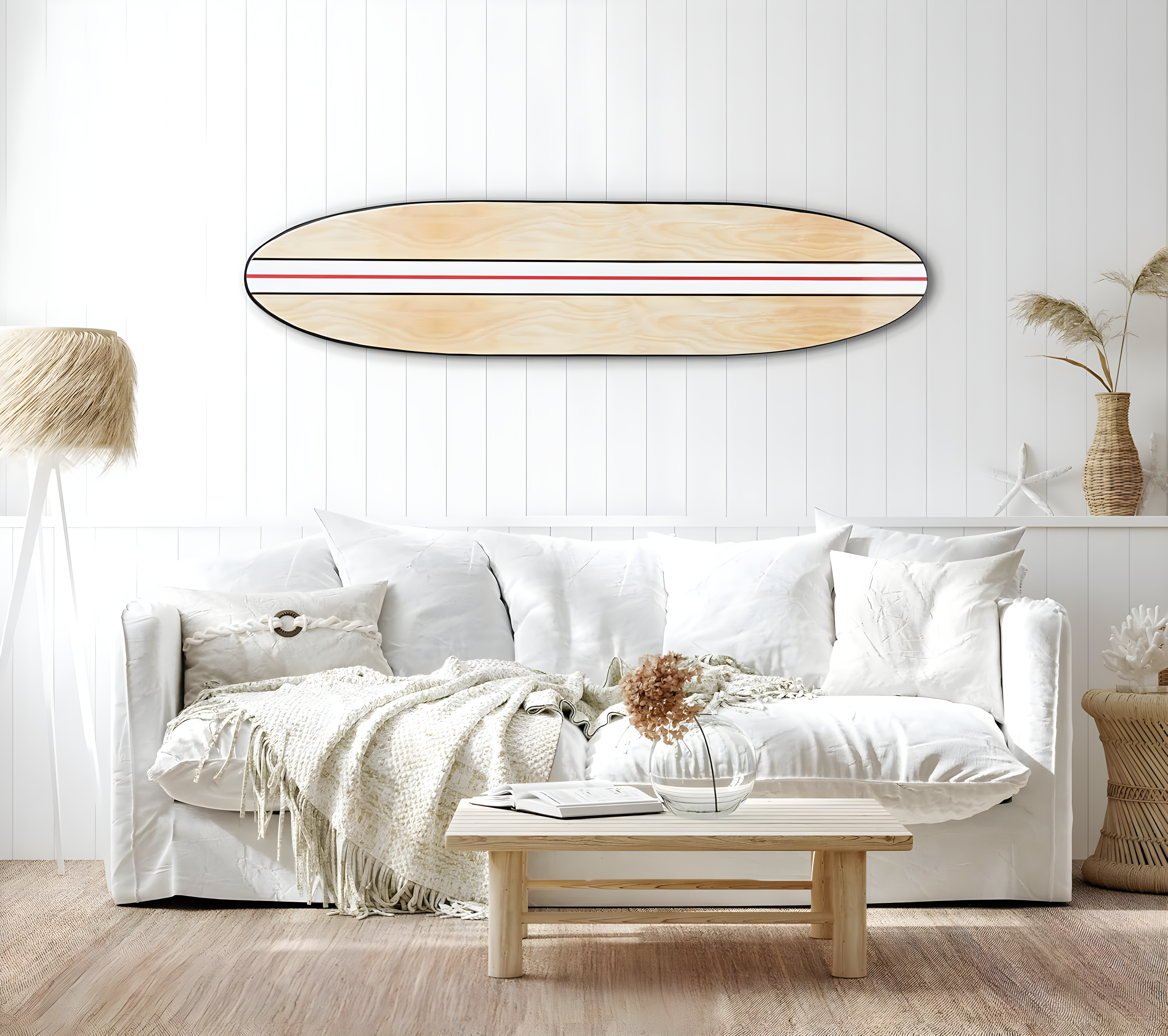 Storied Home Lacquered Wood Surfboard Wall Decor with White/Red Striped Hangs Vertical or Horizontal: Modern Abstract Art