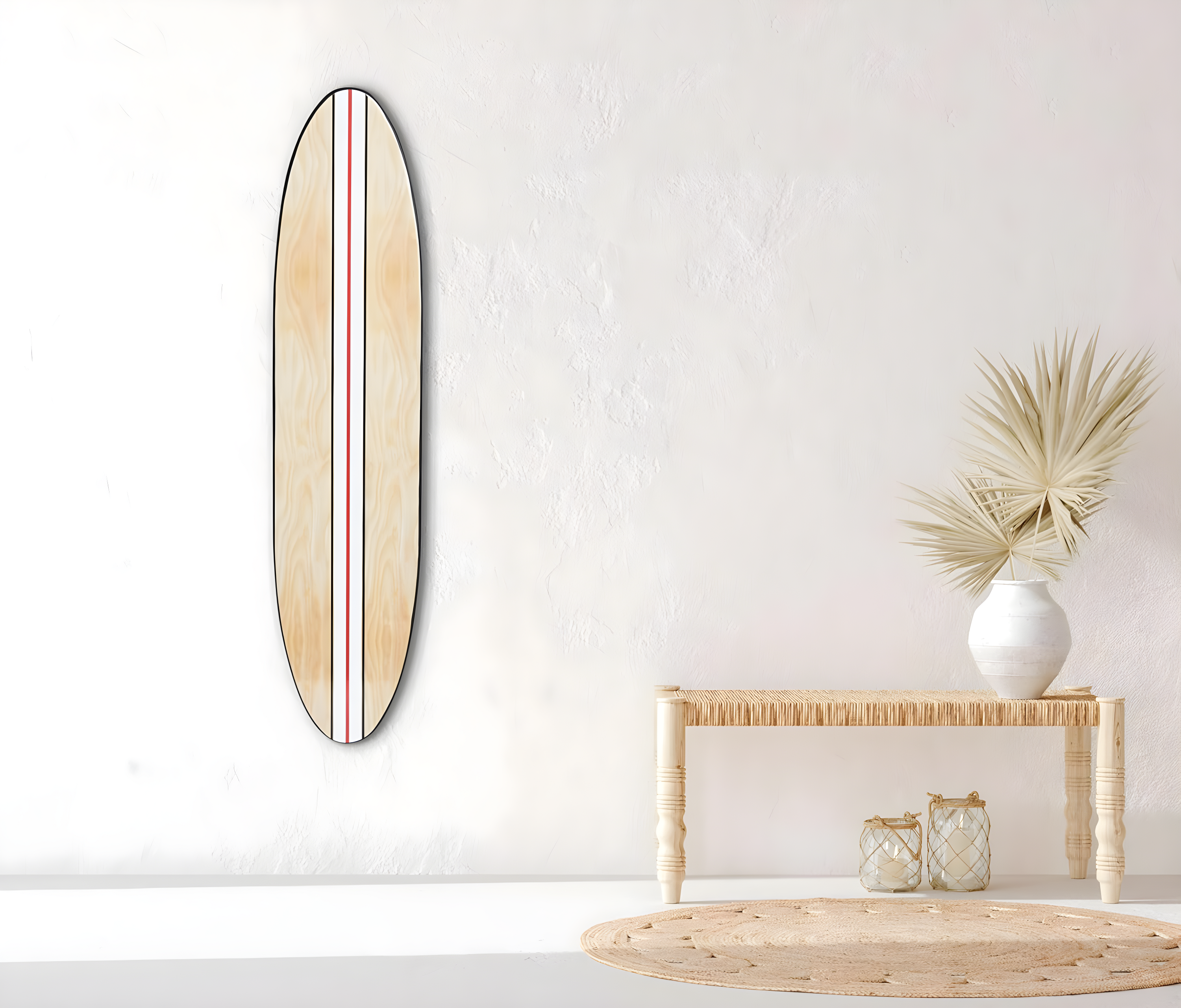 Storied Home Lacquered Wood Surfboard Wall Decor with White/Red Striped Hangs Vertical or Horizontal: Modern Abstract Art