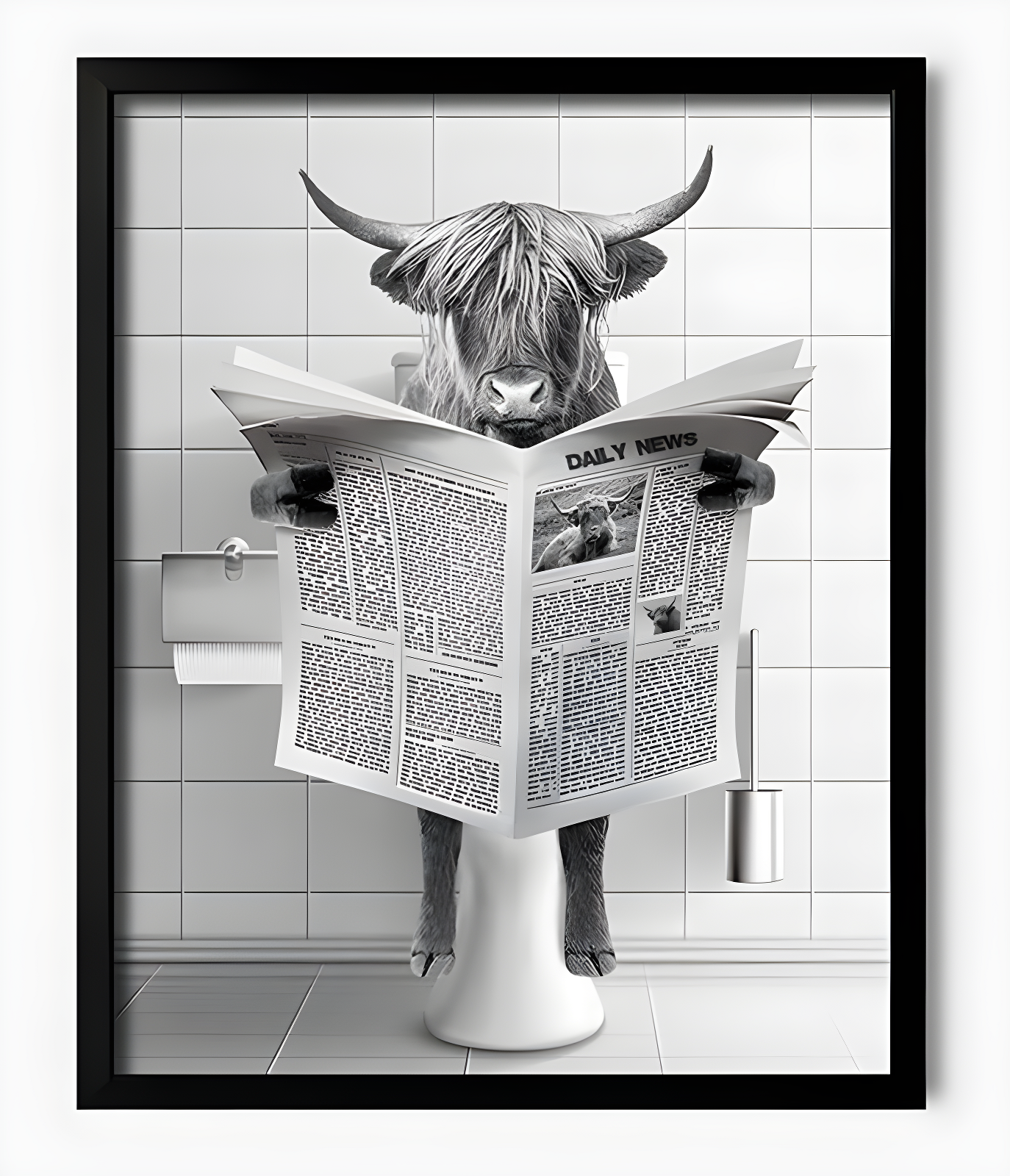 Modern Black Framed Highland Cow Wall Art Minimalist Bathroom Wall Decor Cute Funny Animals Artwork Canvas Prints Ready to Hang for Guest Bathroom, Hotel, Condo, Kids Bathroom, 12”x16”