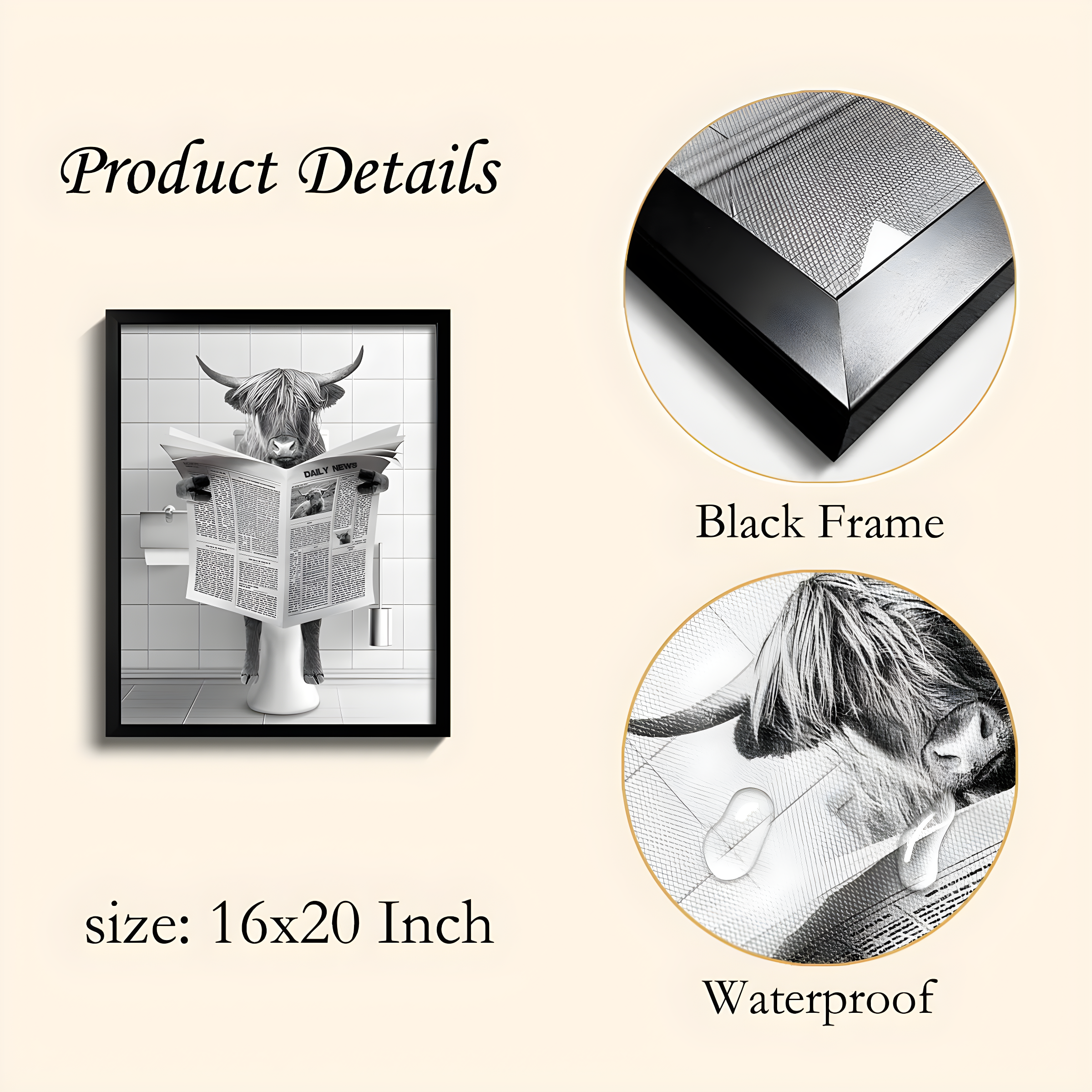 Modern Black Framed Highland Cow Wall Art Minimalist Bathroom Wall Decor Cute Funny Animals Artwork Canvas Prints Ready to Hang for Guest Bathroom, Hotel, Condo, Kids Bathroom, 12”x16”