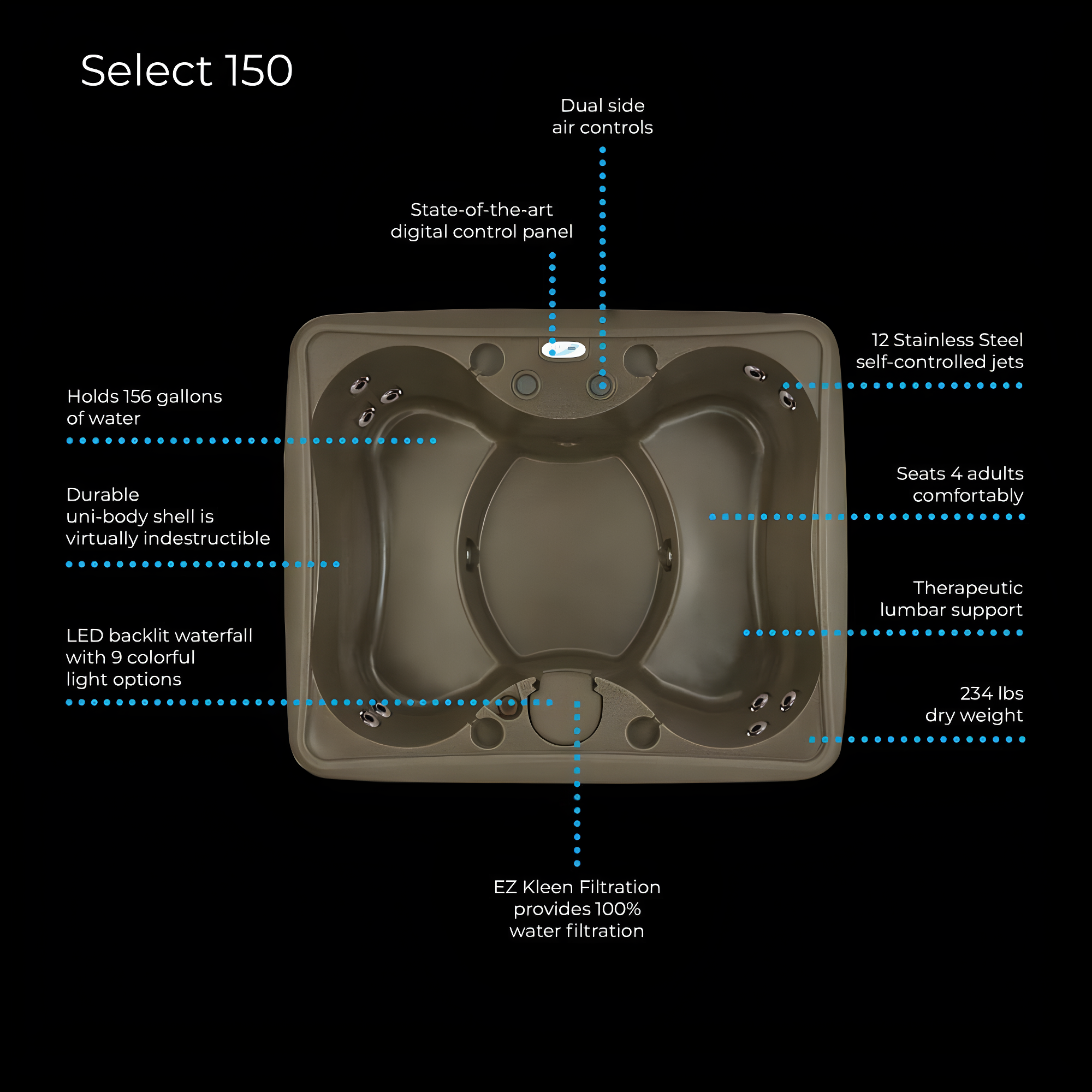AquaRest Discover AR150 Standard 4-Person 12-Jet Plug & Play Hot Tub with LED Waterfall and Friction Heating