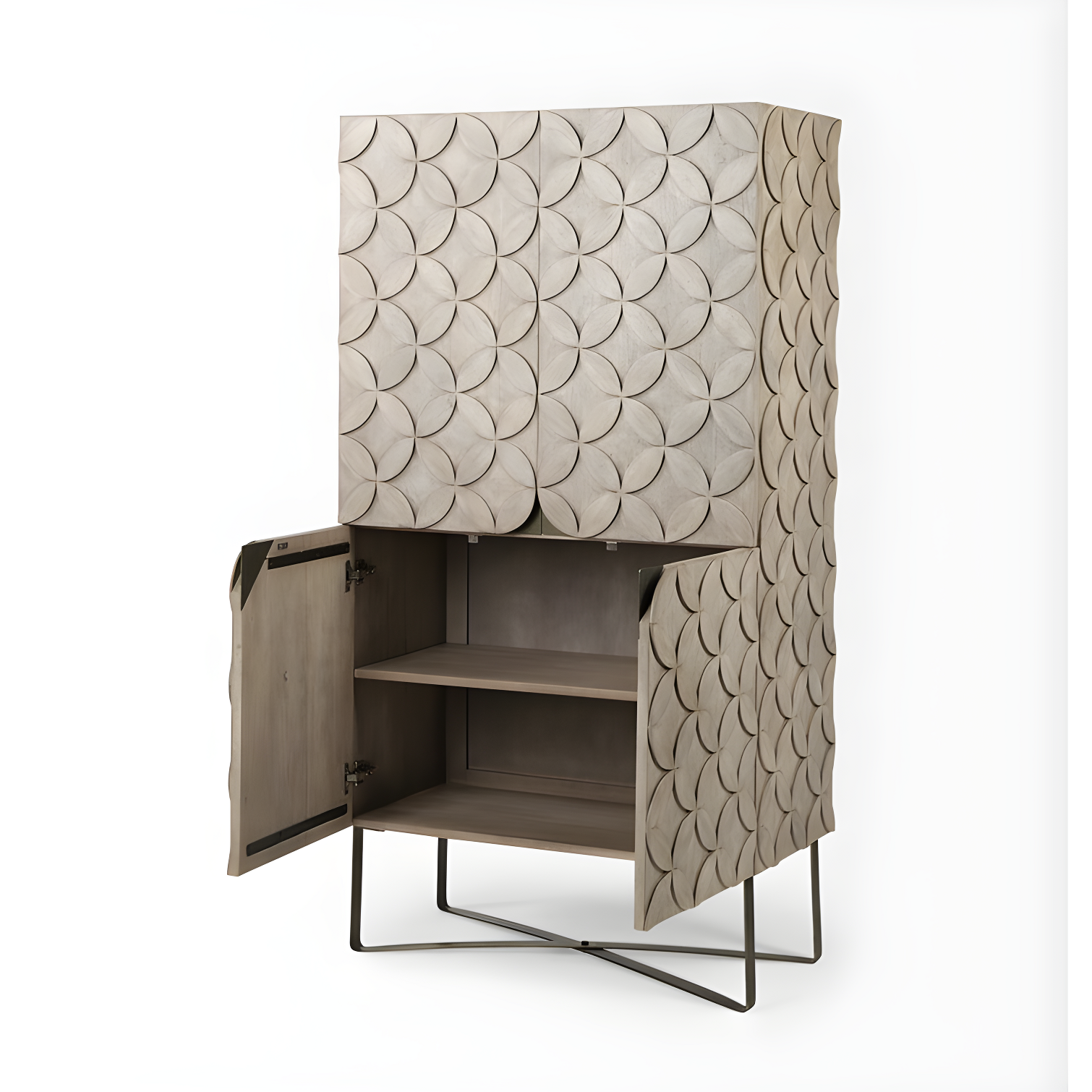 Excelsior Light Brown Mango Wood 4-Door Armoire with Gold Iron Base