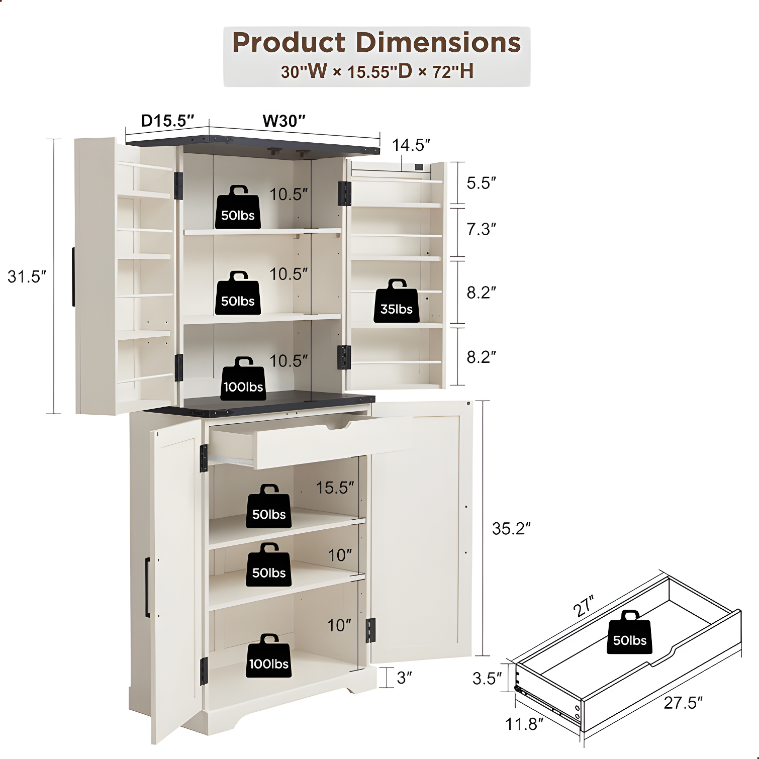 Aaleah 72'' Kitchen Pantry With Classified Pantry Door, Storage Cabinet with Organizer, Drawer