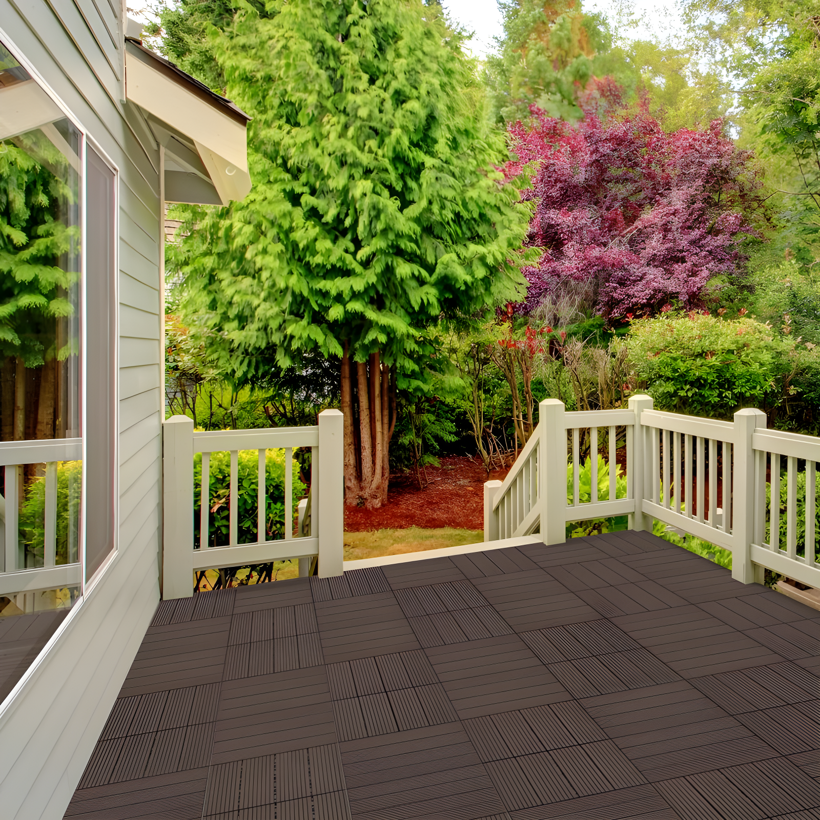 Deck Tiles - 6-Pack Wood Plastic Composite Interlocking Patio Tiles - 5.8SQFT Outdoor Flooring for Balcony, Porch, and Garage by Pure Garden
