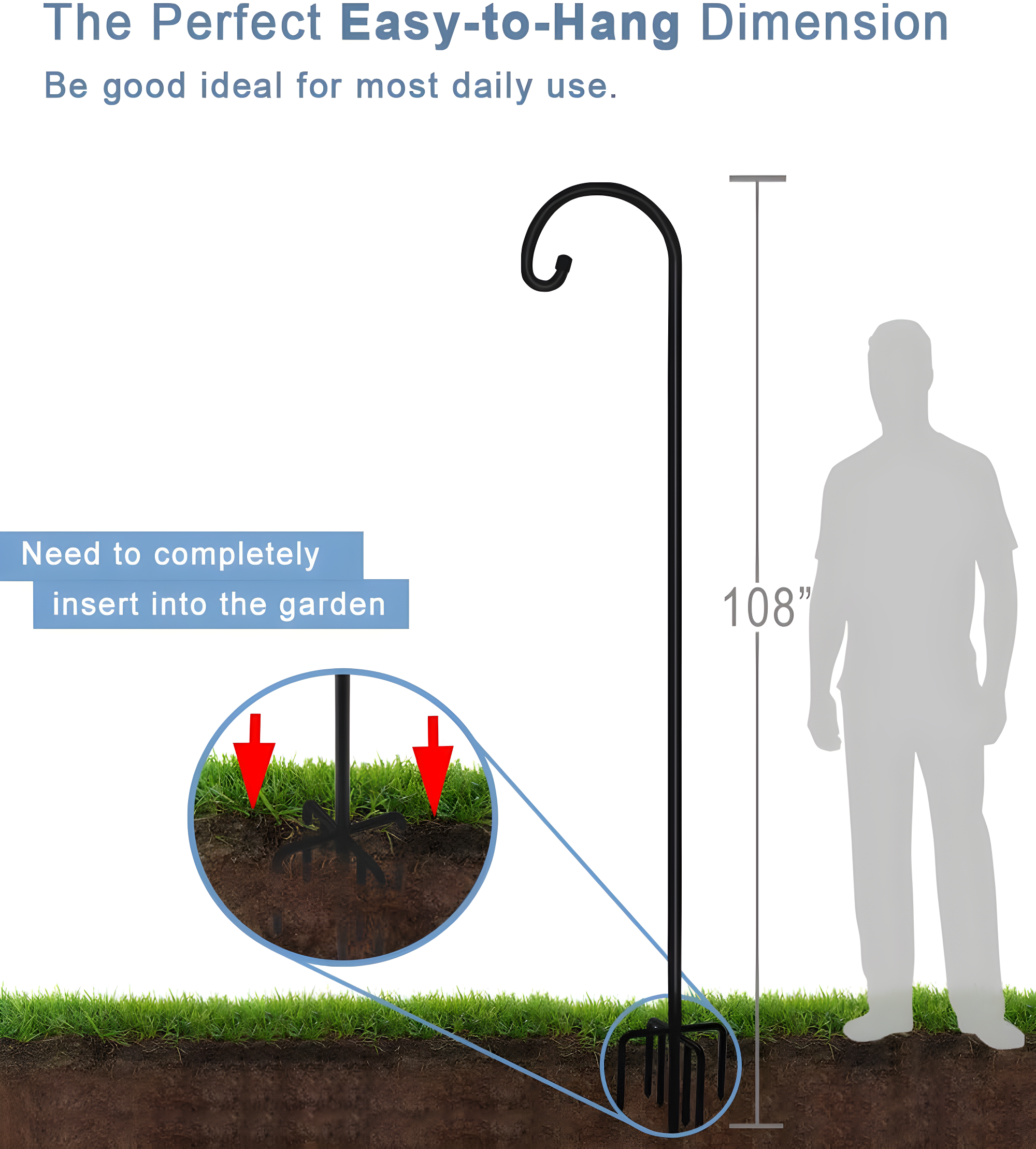 Arlmont & Co. Velsie 108 Inch Outdoor Shepherd Hook With 7 Prong Base (1 Pack), Adjustable Heavy Duty Garden Hanging Stake , Matte Black