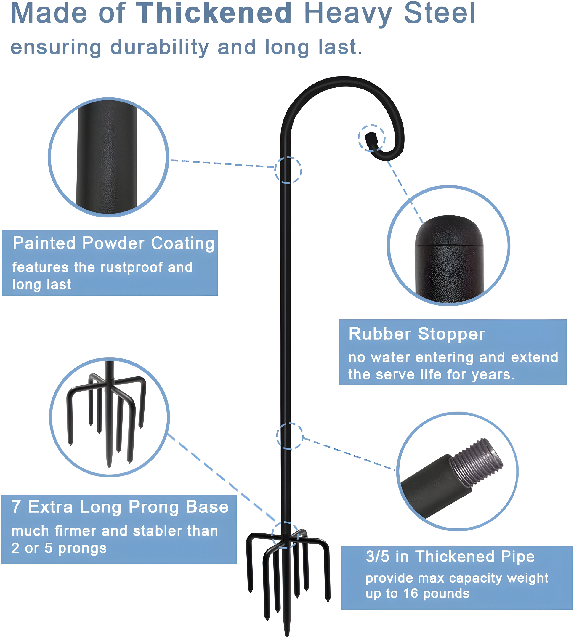 Arlmont & Co. Velsie 108 Inch Outdoor Shepherd Hook With 7 Prong Base (1 Pack), Adjustable Heavy Duty Garden Hanging Stake , Matte Black