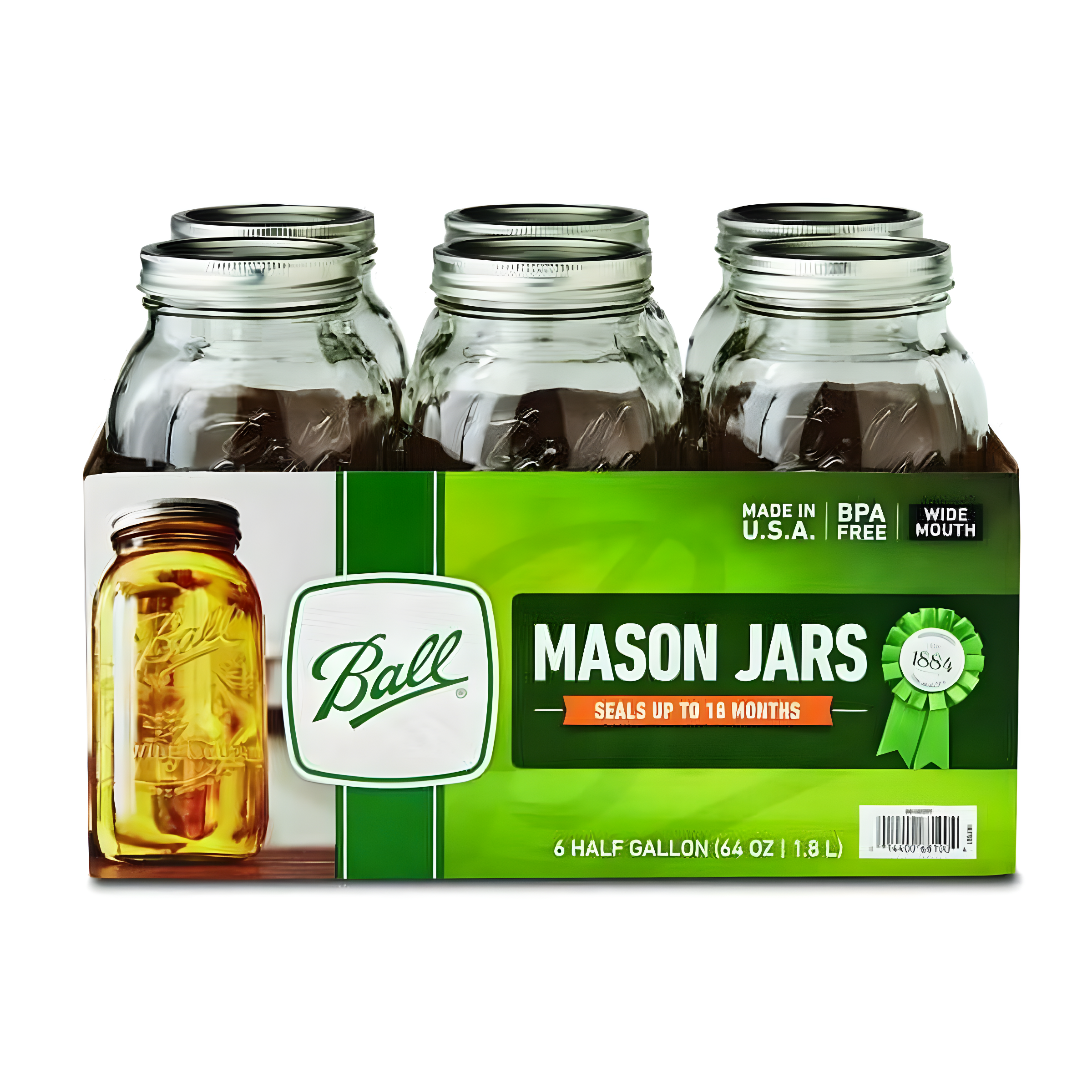 Ball 64oz 6pk Glass Wide Mouth Mason Jar with Lid and Band: Clear Canning Jars, Dishwasher-Safe, 4" Neck Diameter