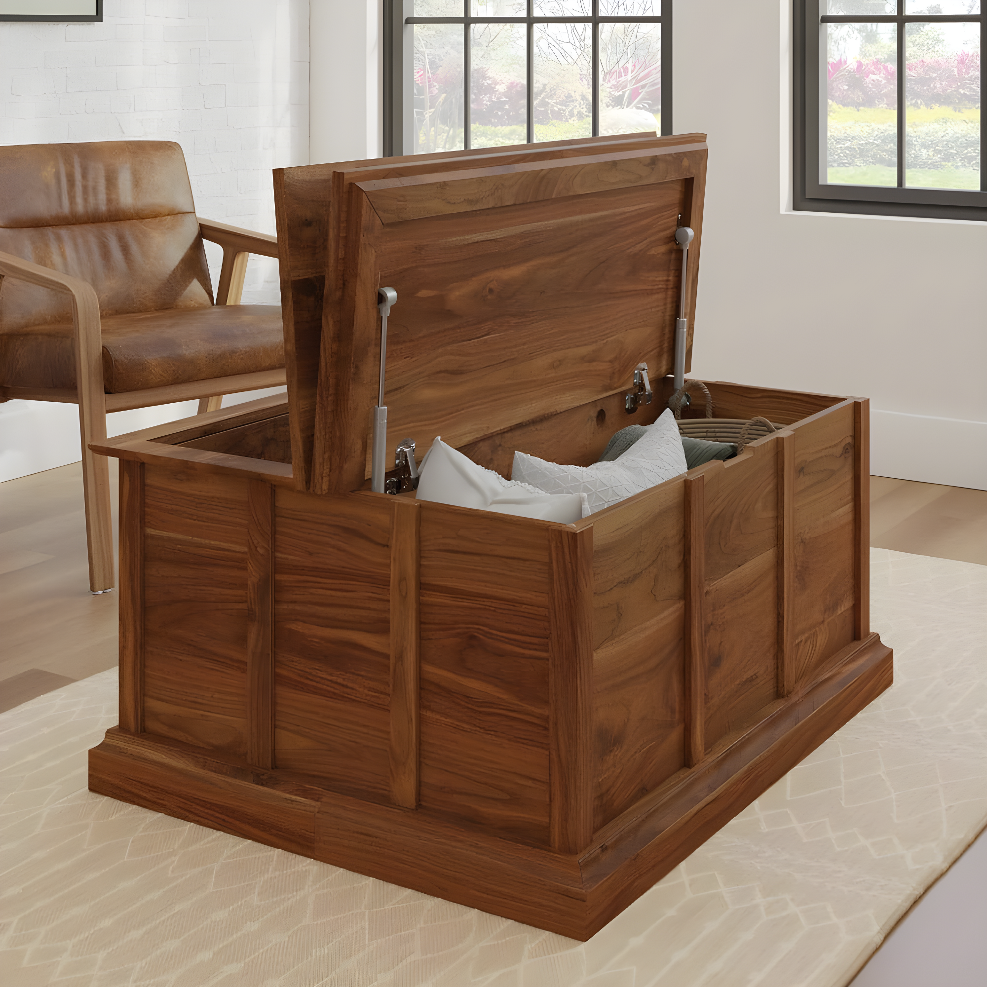 Sauder Cottage Road Storage Coffee Table Grand Walnut: Laminated Finish, Metal Frame, Lid Stay Technology, CARB Certified, MDF