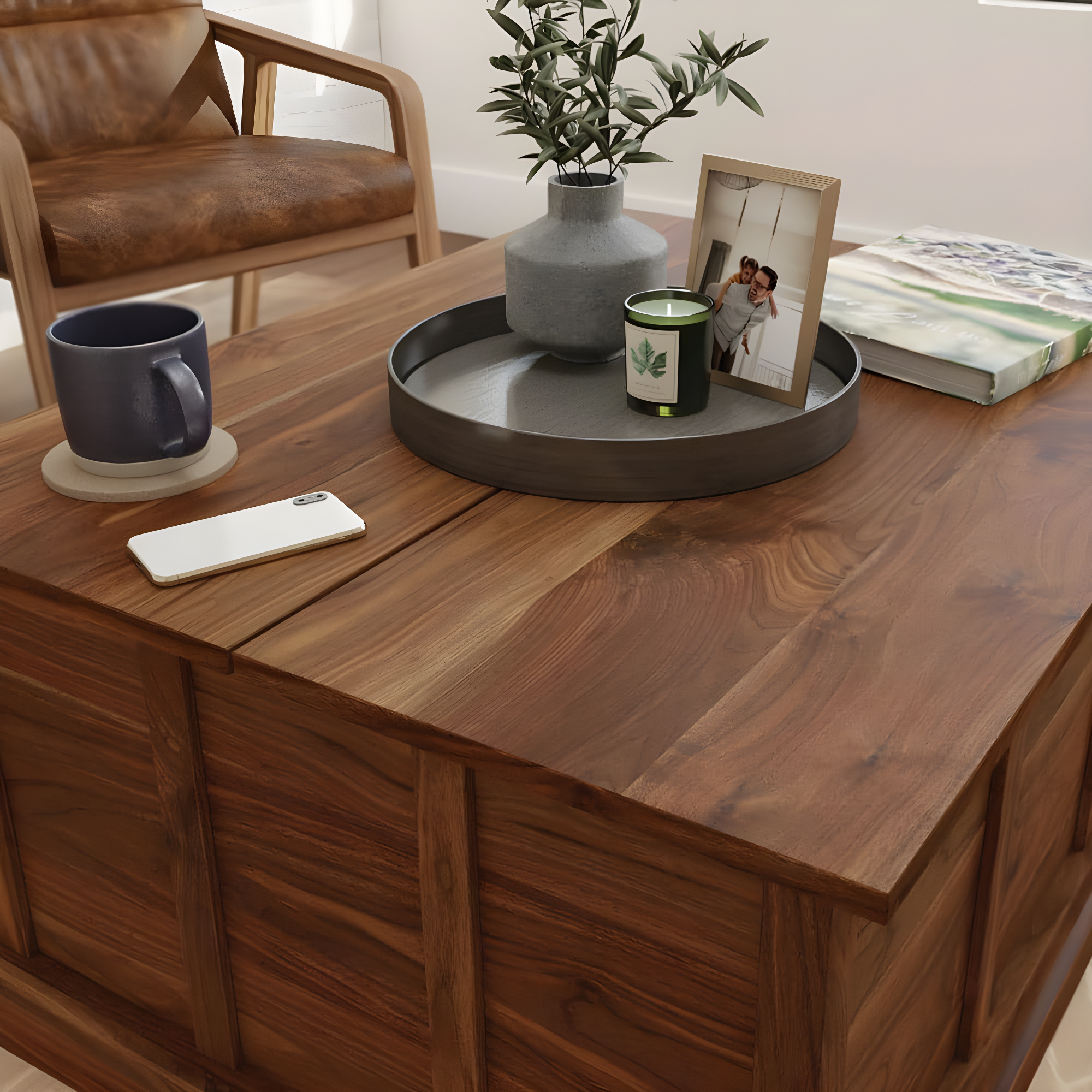 Sauder Cottage Road Storage Coffee Table Grand Walnut: Laminated Finish, Metal Frame, Lid Stay Technology, CARB Certified, MDF