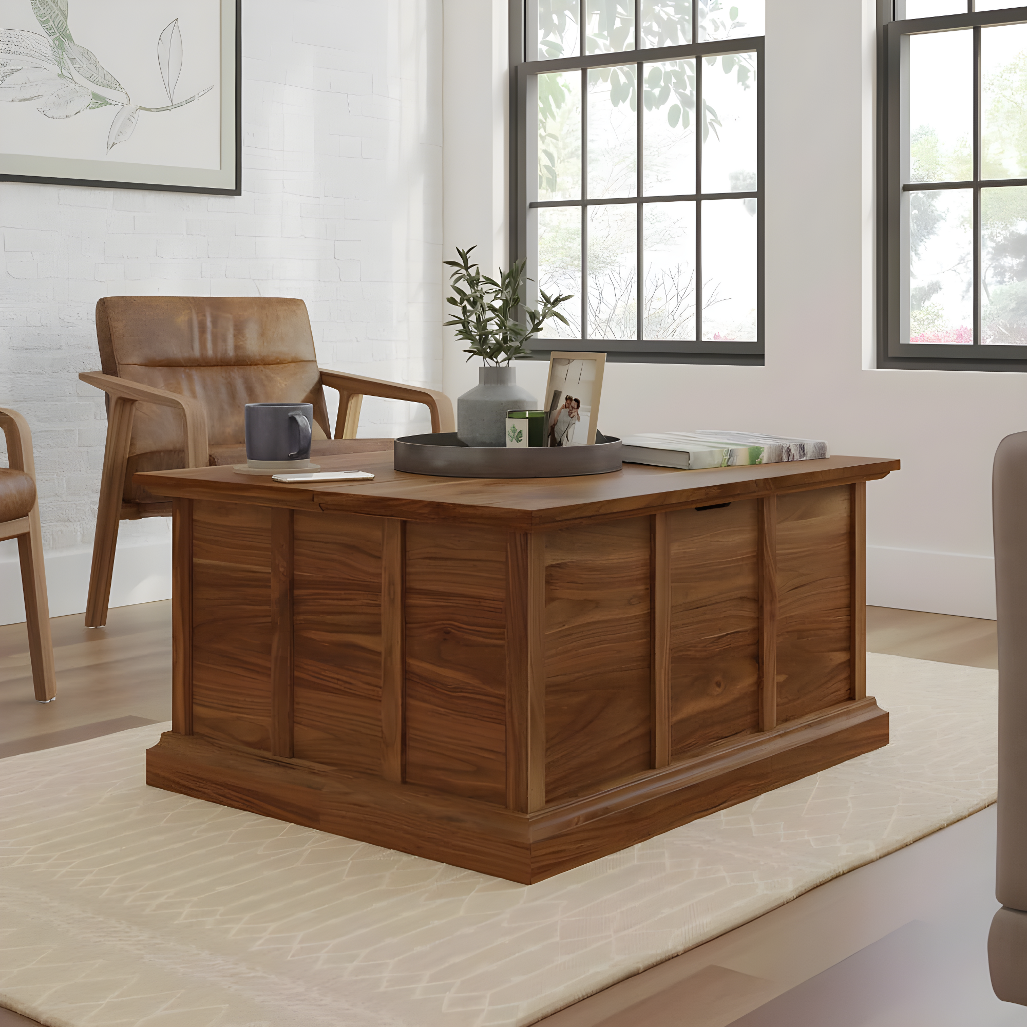 Sauder Cottage Road Storage Coffee Table Grand Walnut: Laminated Finish, Metal Frame, Lid Stay Technology, CARB Certified, MDF