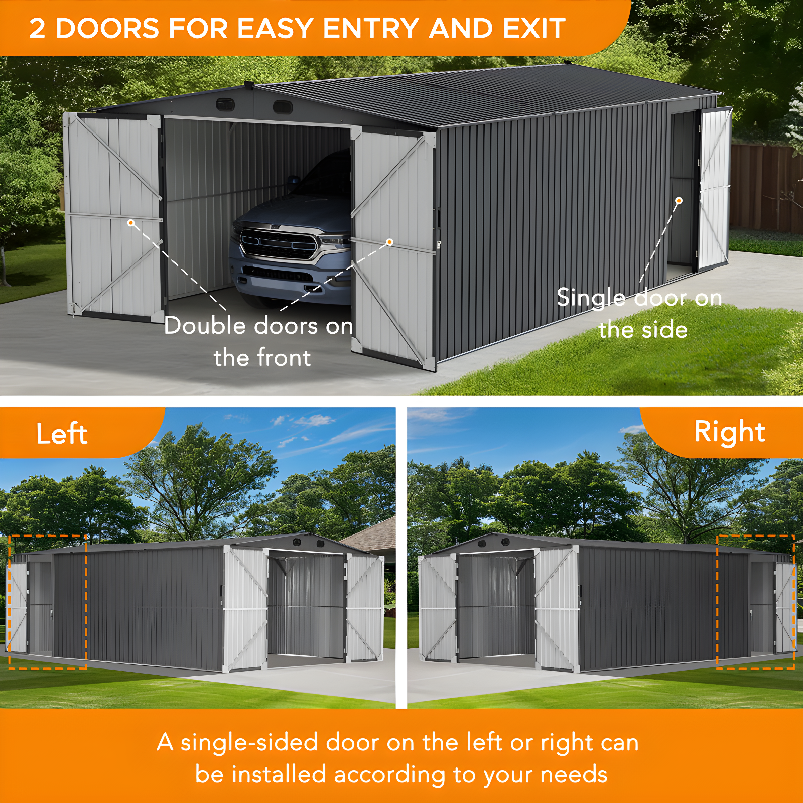 Sunjoy Sunjoy Outdoor Storage Shed 13 x 20 ft. Carport, Patio Metal Utility Large Storage Shed Garage with 2 Doors and 4 Vents, for Car, Truck, Bike, Garbage Can, Tool, Lawnmower