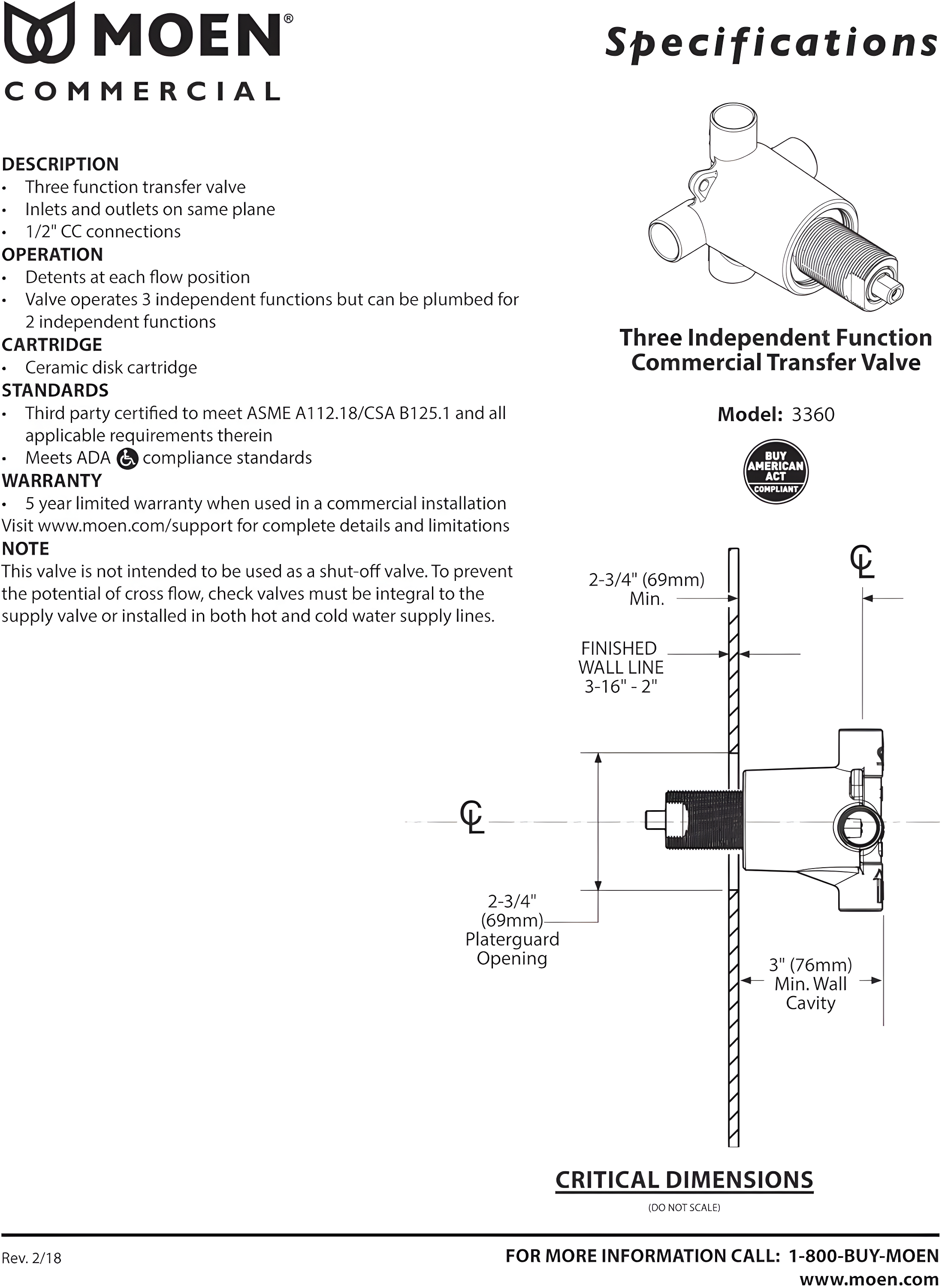 Moen Commercial 3-Function Diverter Valve