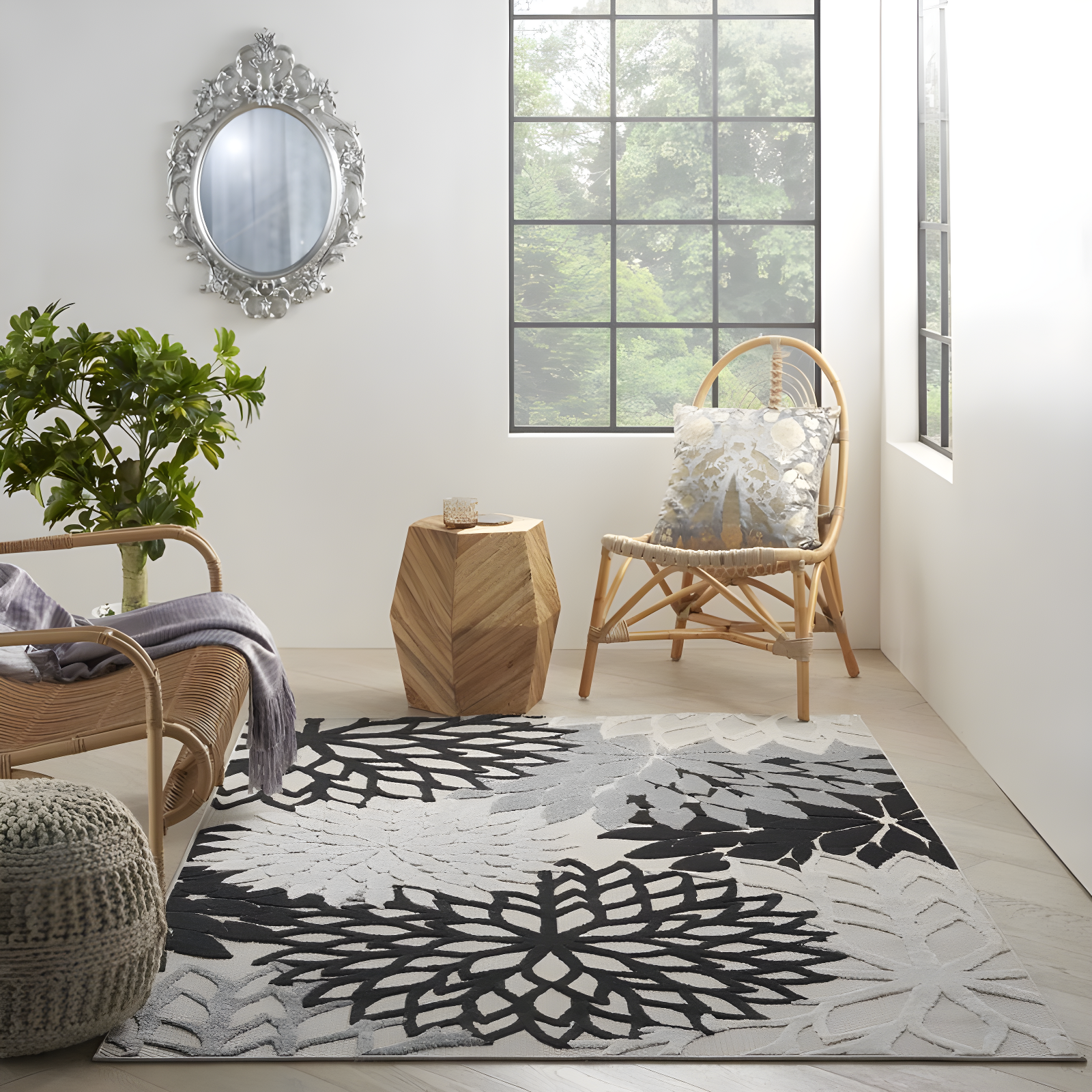 Nourison Aloha Floral Bloom Flatweave High-Low Indoor Outdoor Area Rug Black White 6' x 9'