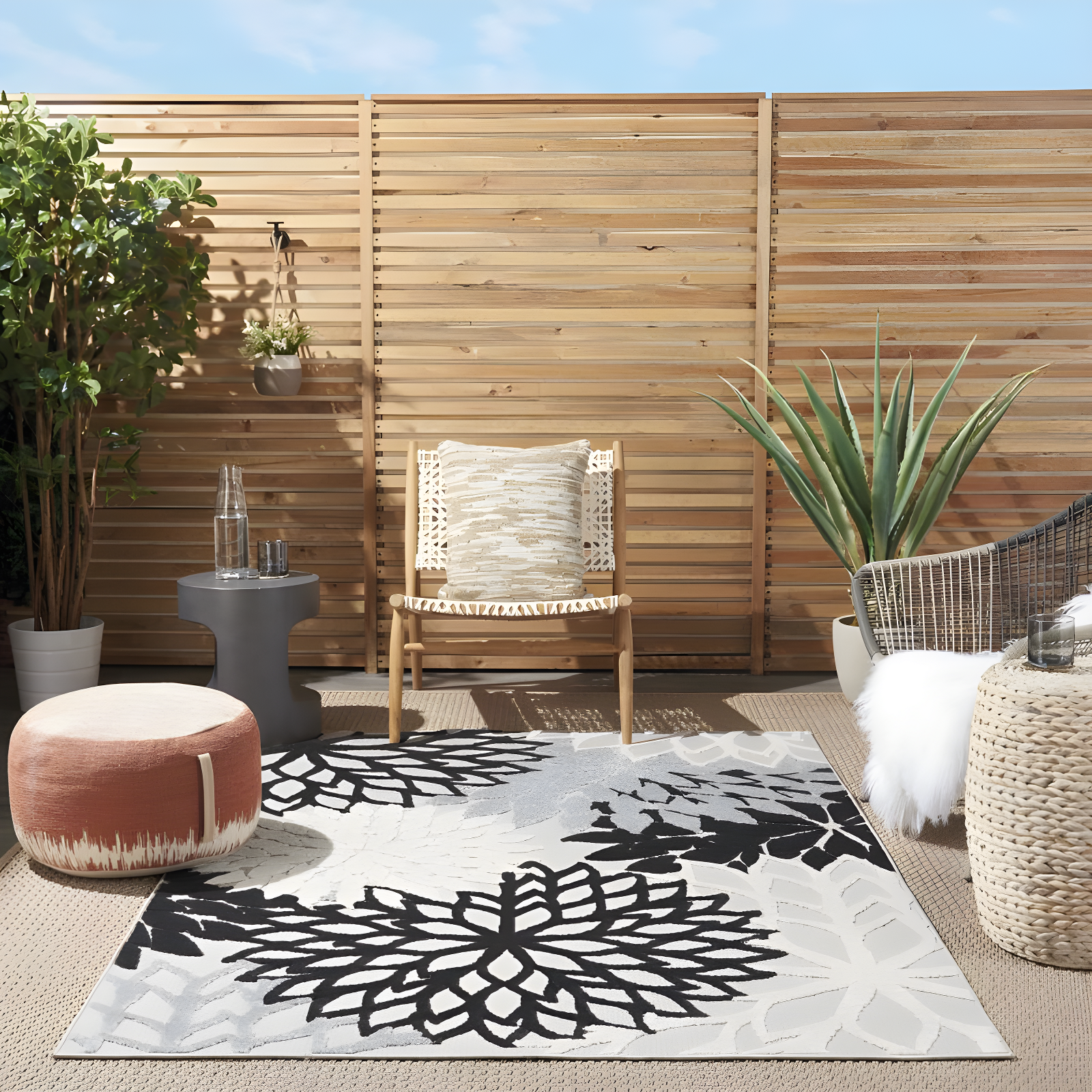 Nourison Aloha Floral Bloom Flatweave High-Low Indoor Outdoor Area Rug Black White 6' x 9'