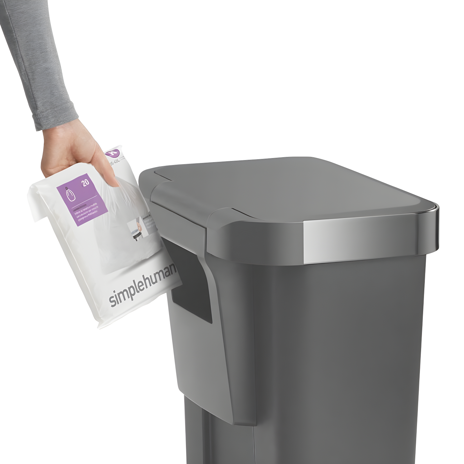 Simplehuman 45 Liter Rectangular Kitchen Trash Can with Liner Pocket, Grey Plastic