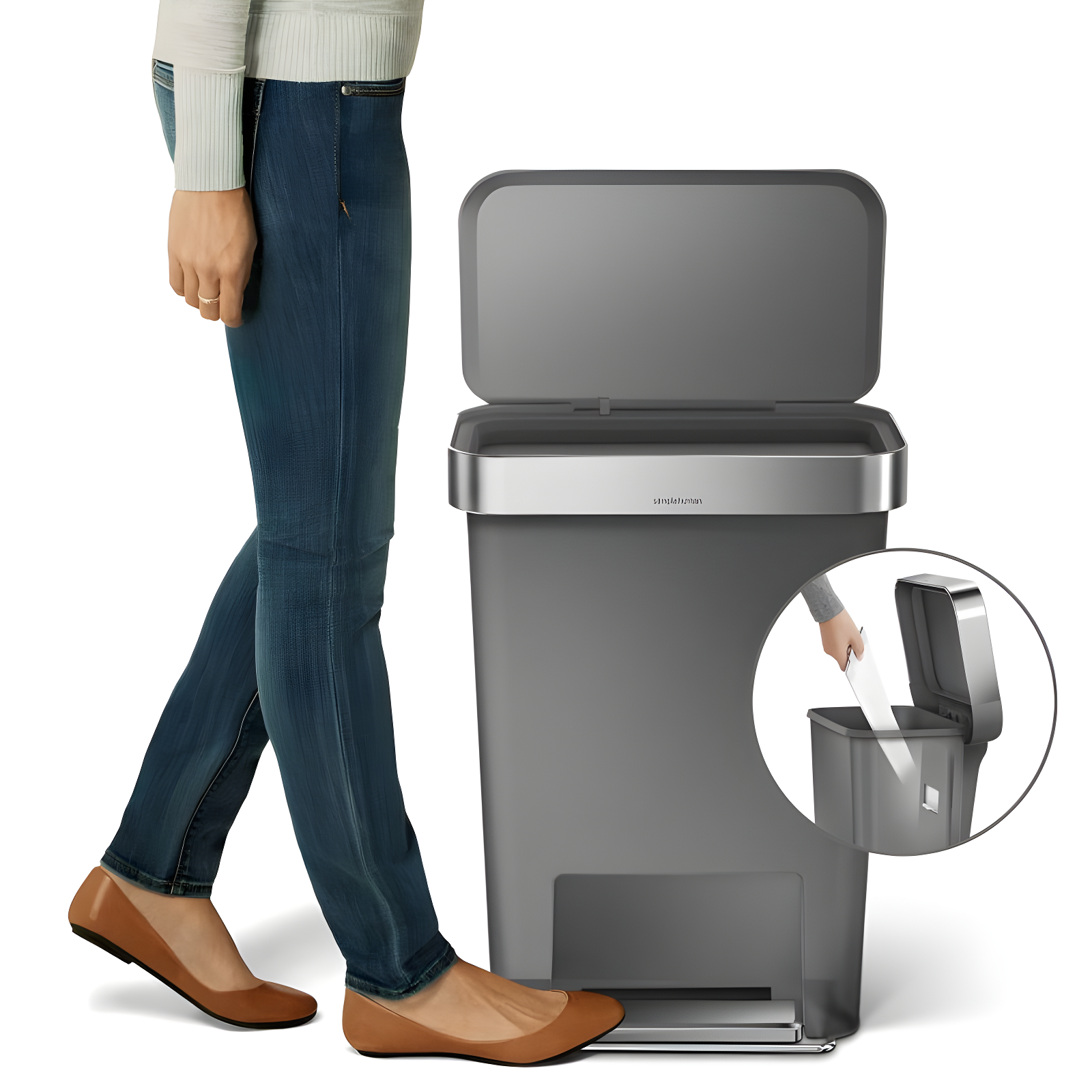 Simplehuman 45 Liter Rectangular Kitchen Trash Can with Liner Pocket, Grey Plastic