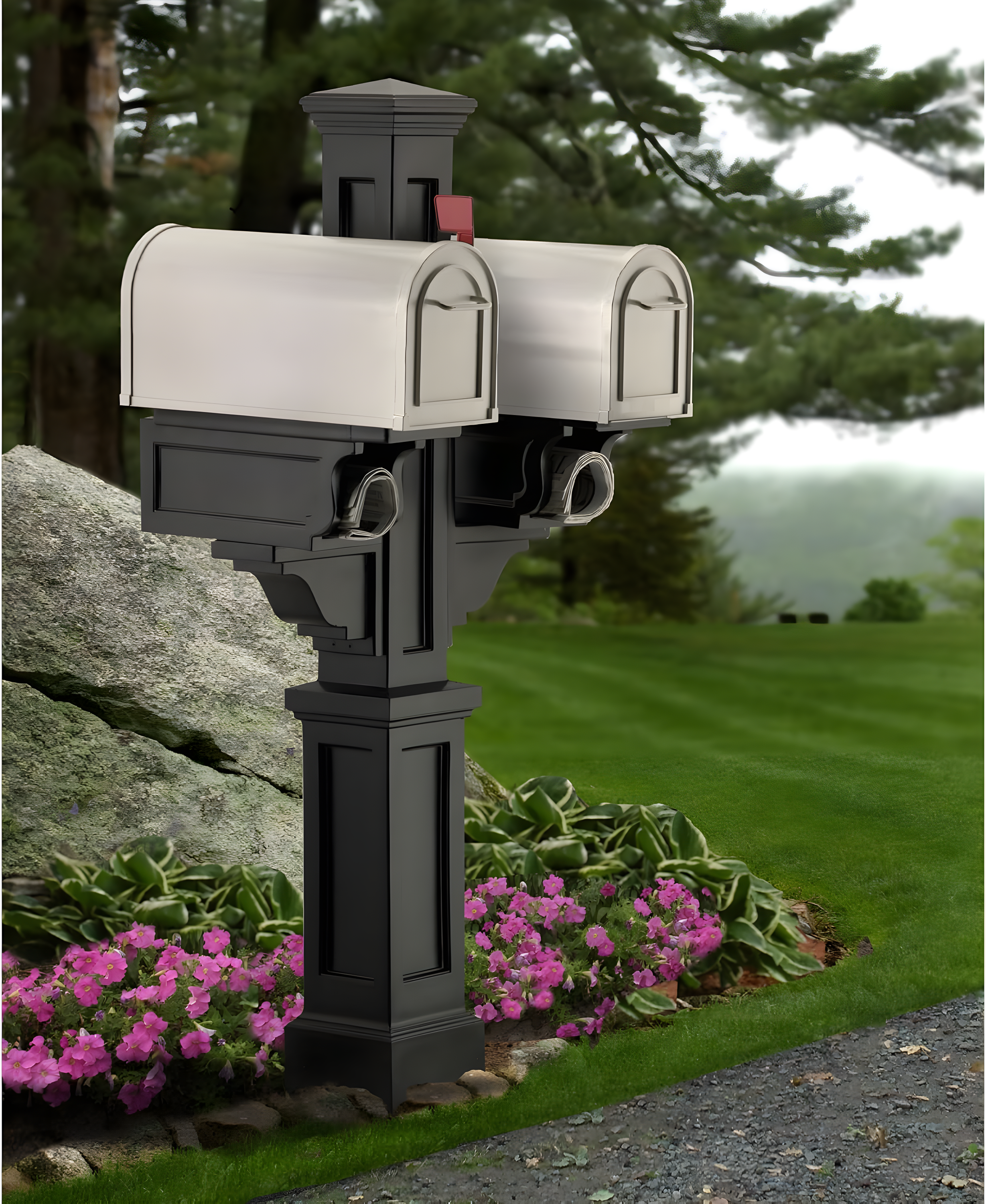 Mayne Rockport Double Arm Mail Post - Black - 18in L x 23in W x 56.5in H - Standard Post, 2x Paper Holder Arms (5811-B)