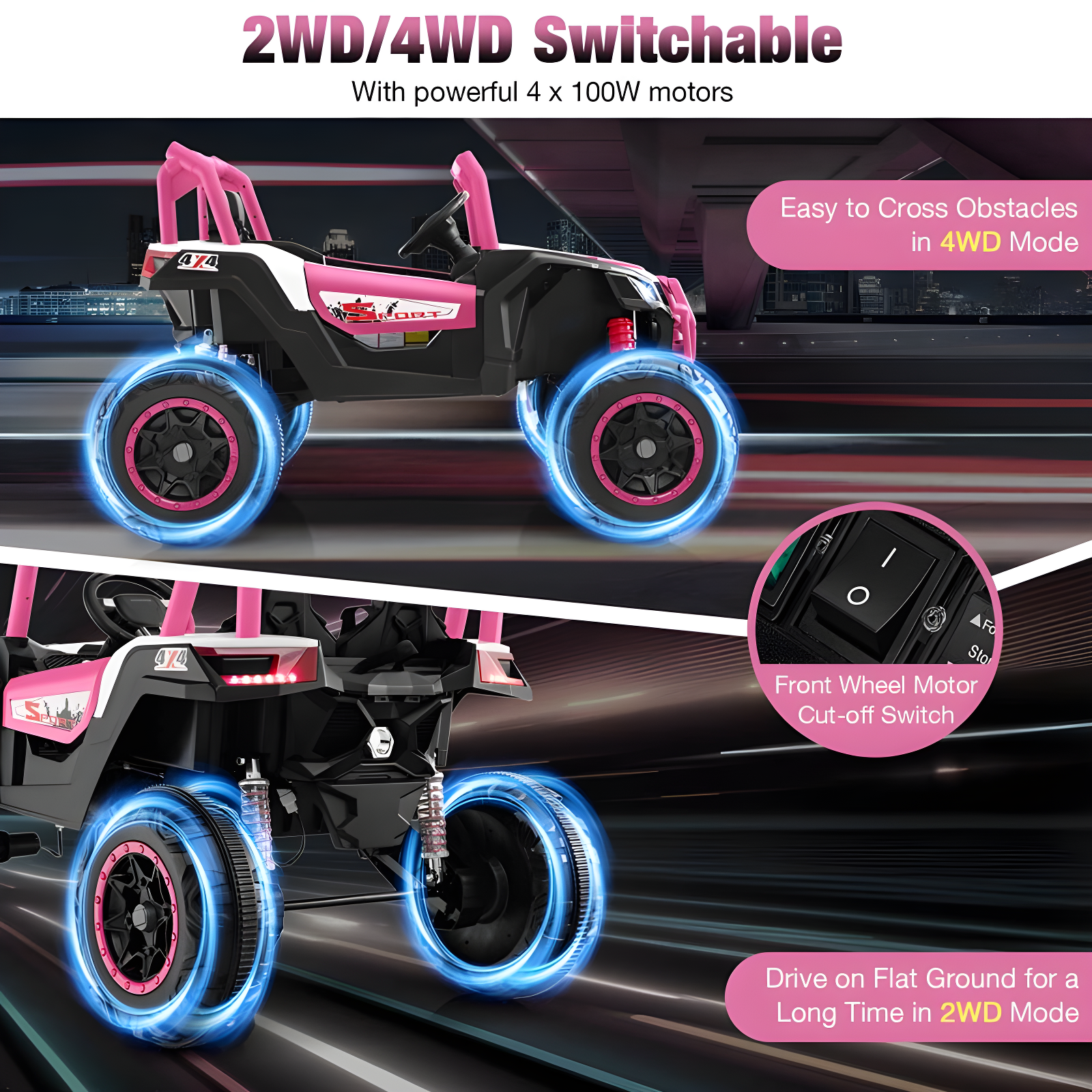 Costway 24V Kids Ride on UTV with 4 x 100W Powerful Engine Remote Control High/Low Speed Pink