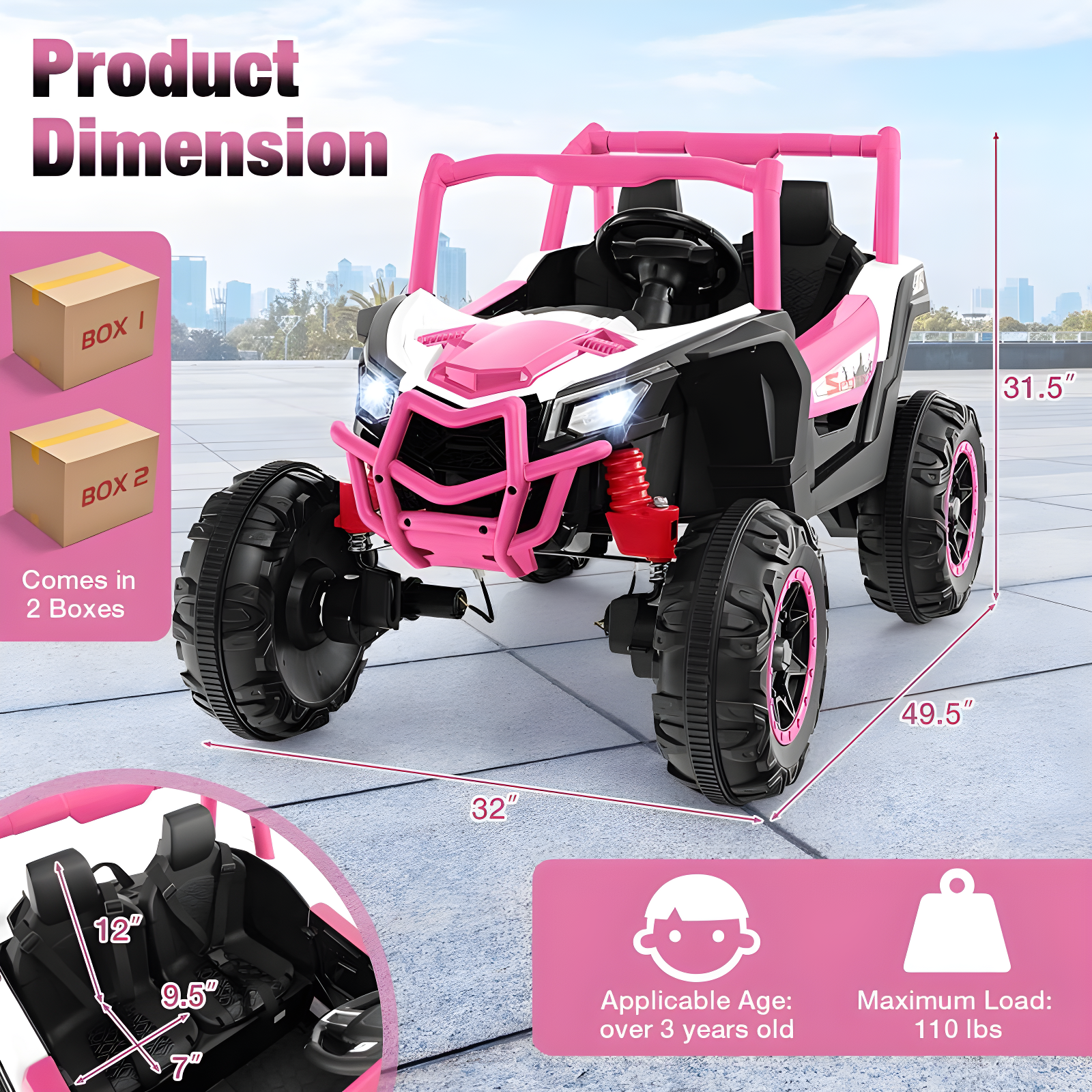 Costway 24V Kids Ride on UTV with 4 x 100W Powerful Engine Remote Control High/Low Speed Pink