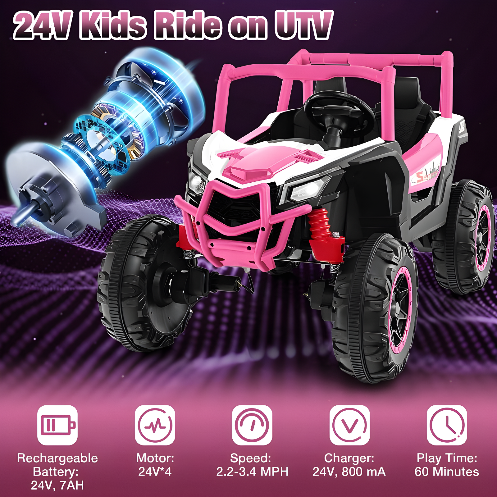 Costway 24V Kids Ride on UTV with 4 x 100W Powerful Engine Remote Control High/Low Speed Pink