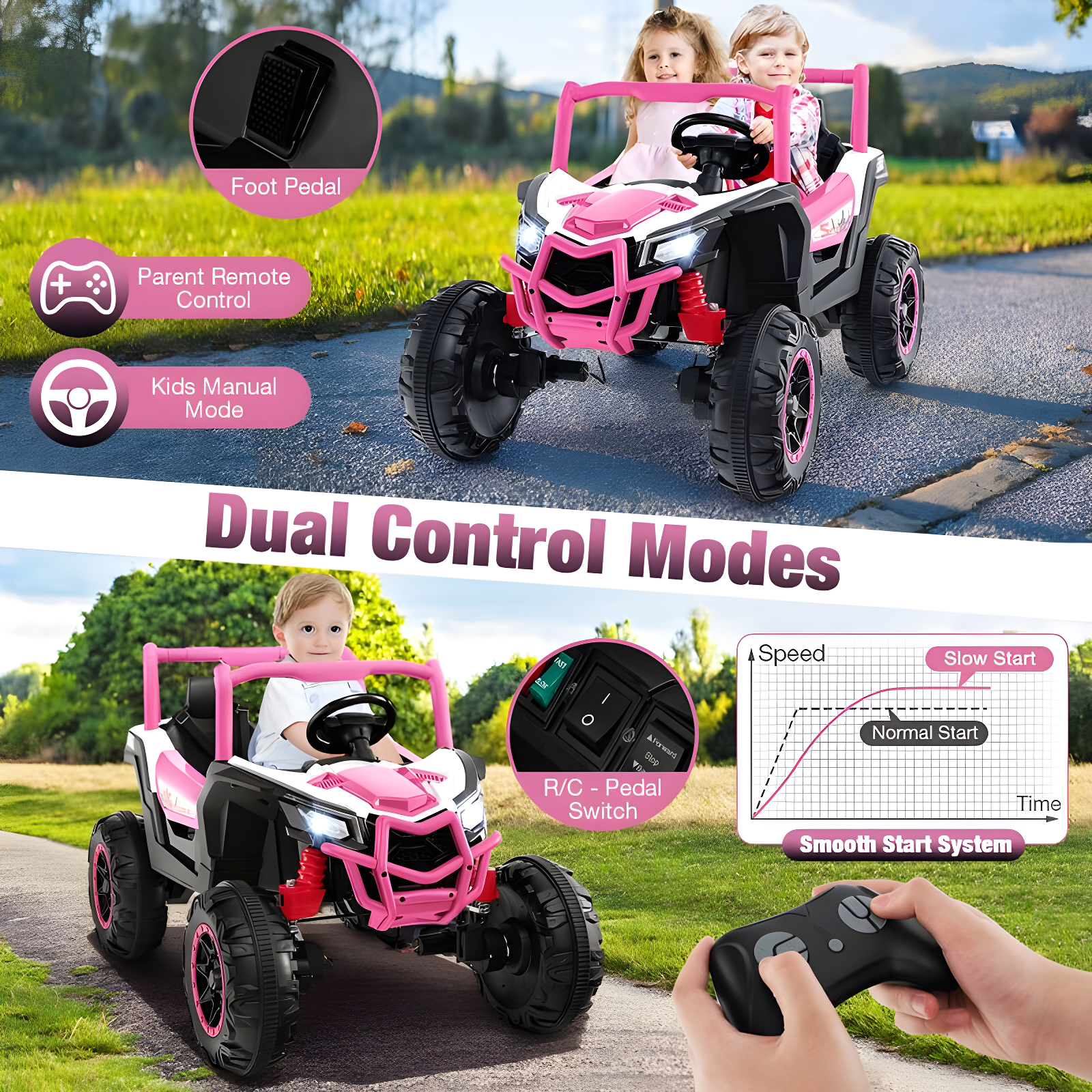 Costway 24V Kids Ride on UTV with 4 x 100W Powerful Engine Remote Control High/Low Speed Pink