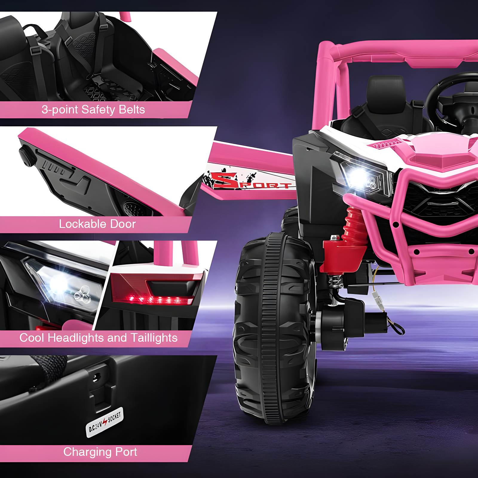 Costway 24V Kids Ride on UTV with 4 x 100W Powerful Engine Remote Control High/Low Speed Pink