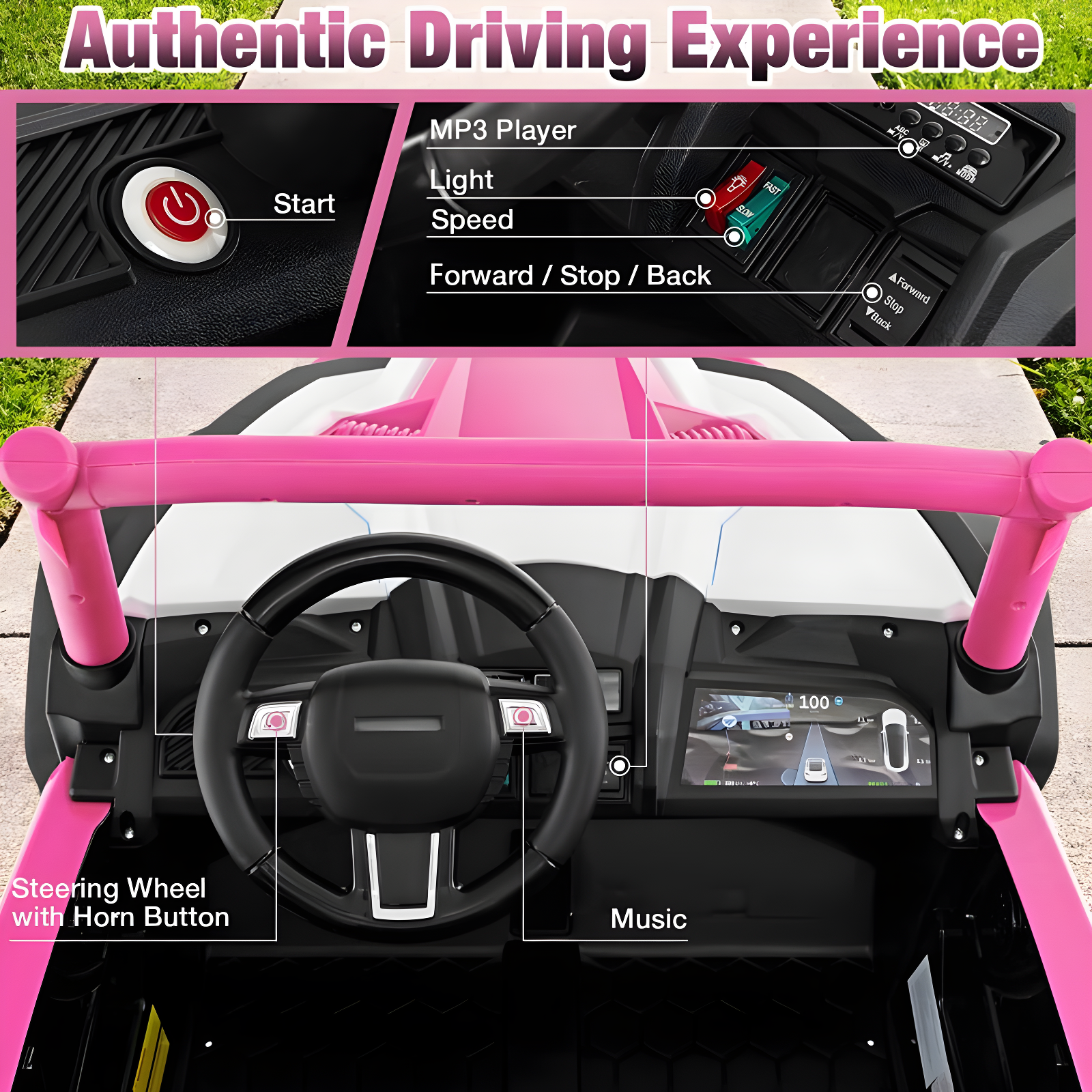 Costway 24V Kids Ride on UTV with 4 x 100W Powerful Engine Remote Control High/Low Speed Pink