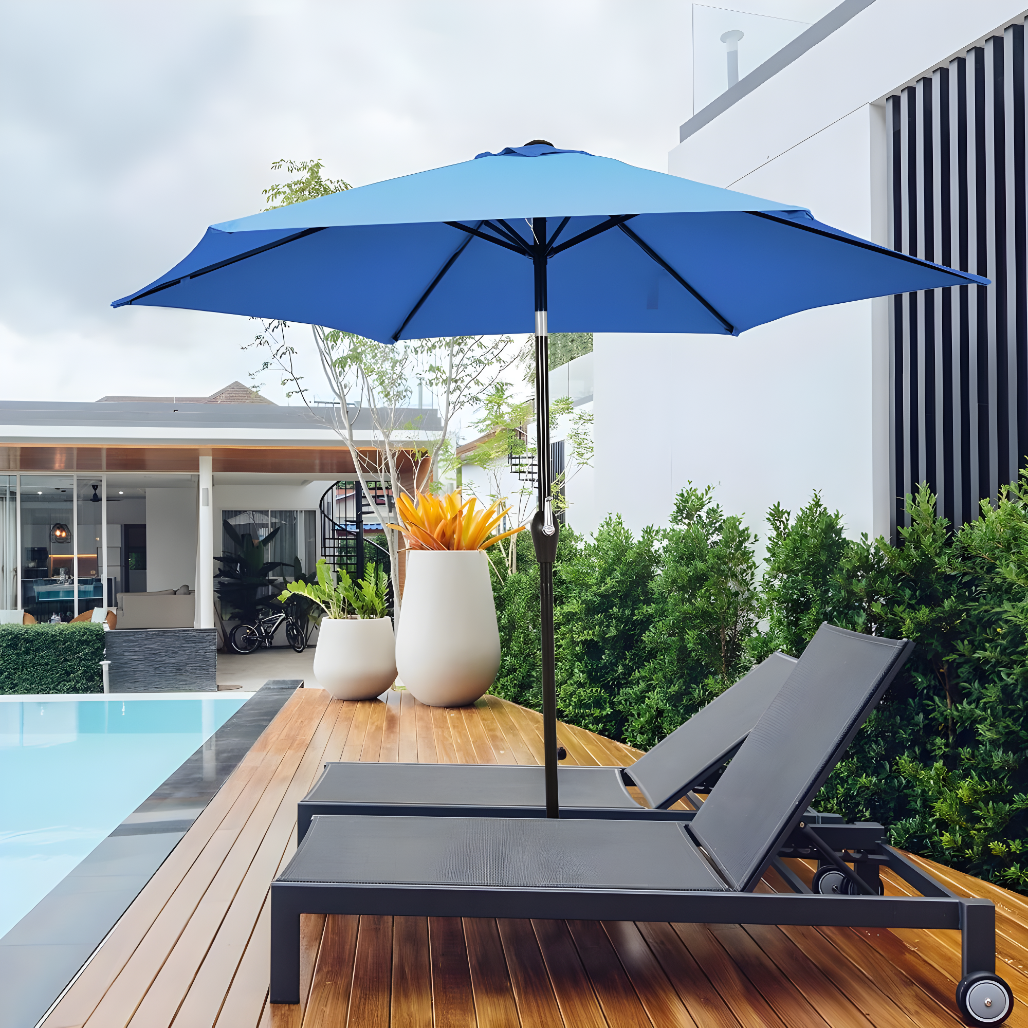Resenkos 9 ft Outdoor Market Patio Table Umbrella Push Button Tilt Crank Lift-Blue, Patio Offset Umbrella with Easy Tilt Adjustment, Outdoor Hanging Umbrella, Sunshade Umbrella Canopy