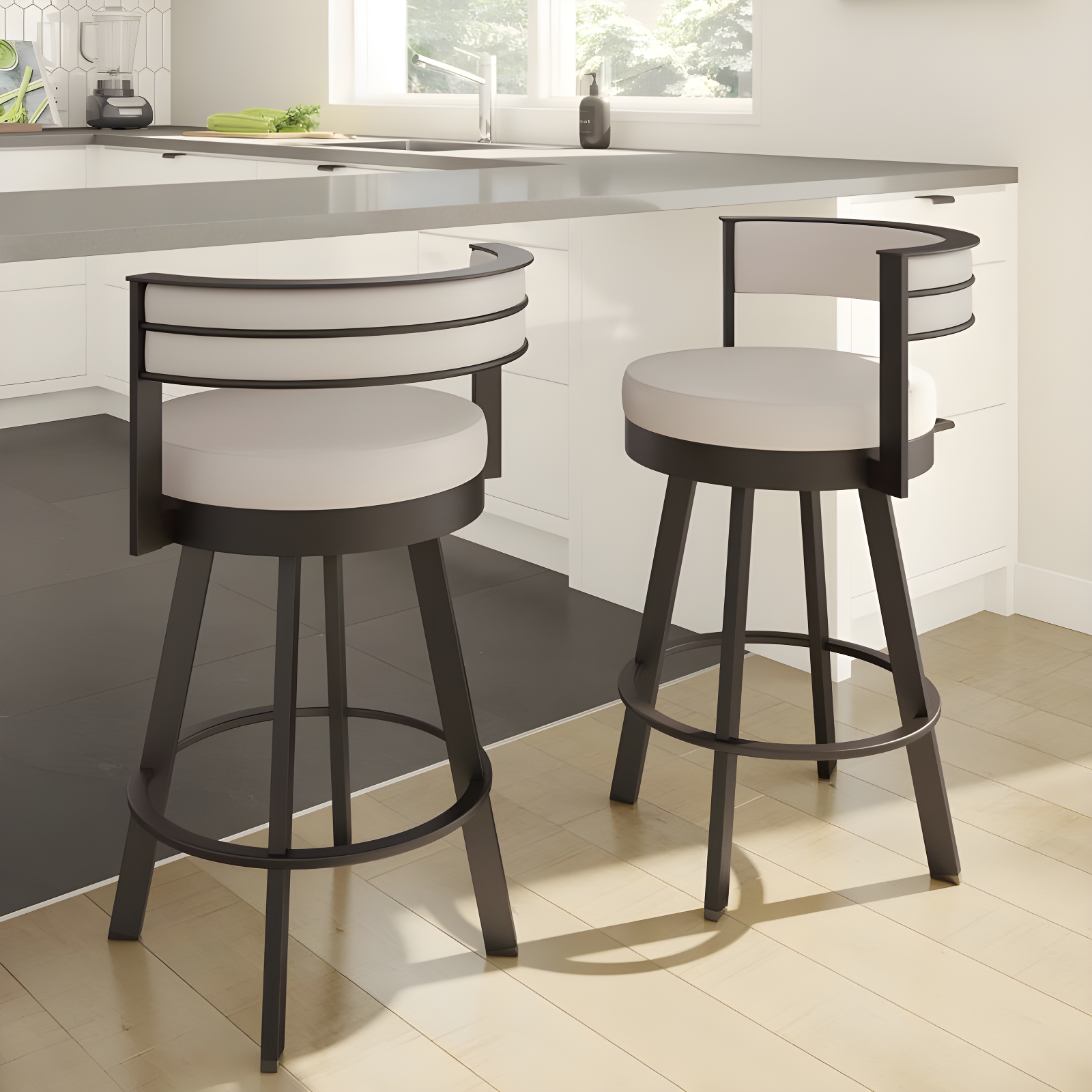 26" Browser Swivel Counter Height Barstool with Upholstered Seat Beige - Amisco