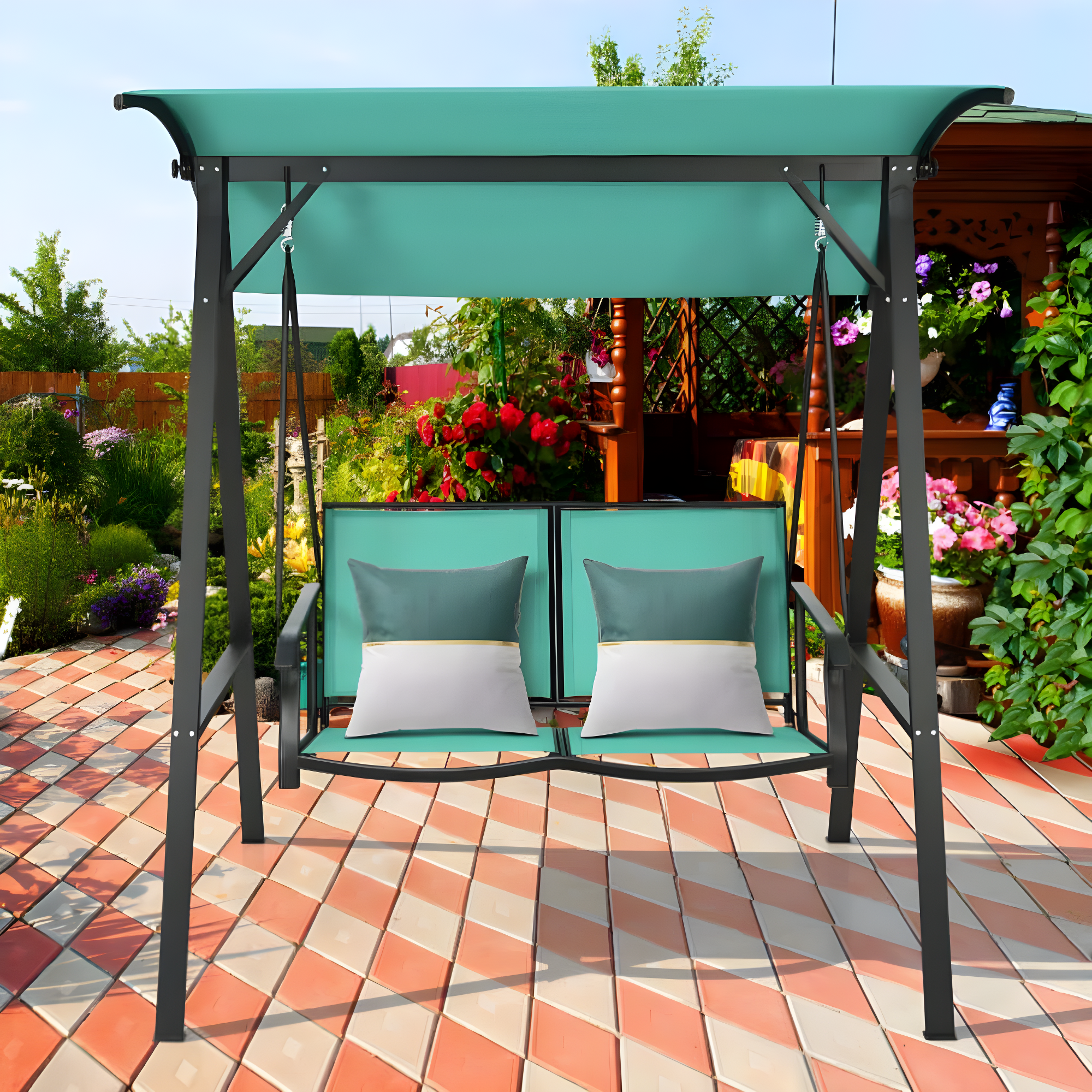 Arlmont & Co. 2 Person Patio Swing With Weather Resistant Glider And Adjustable Canopy