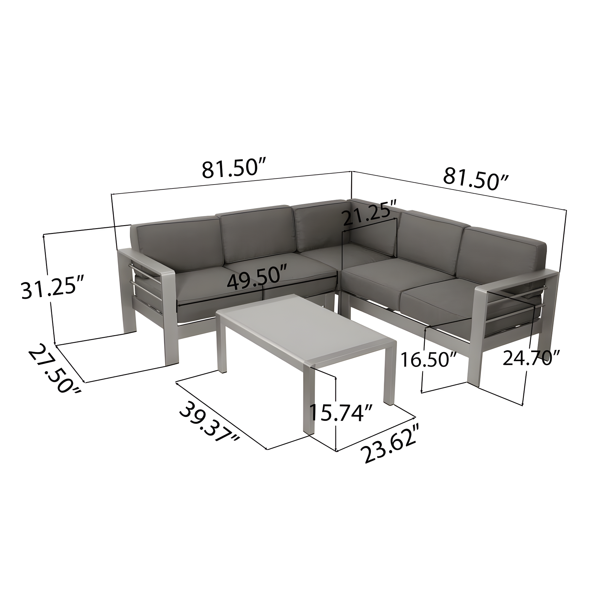 Christopher Knight Home Cape Coral Outdoor 5-Seater Sectional Set by  Non-Sunbrella Grey Cushion Aluminum,Fabric