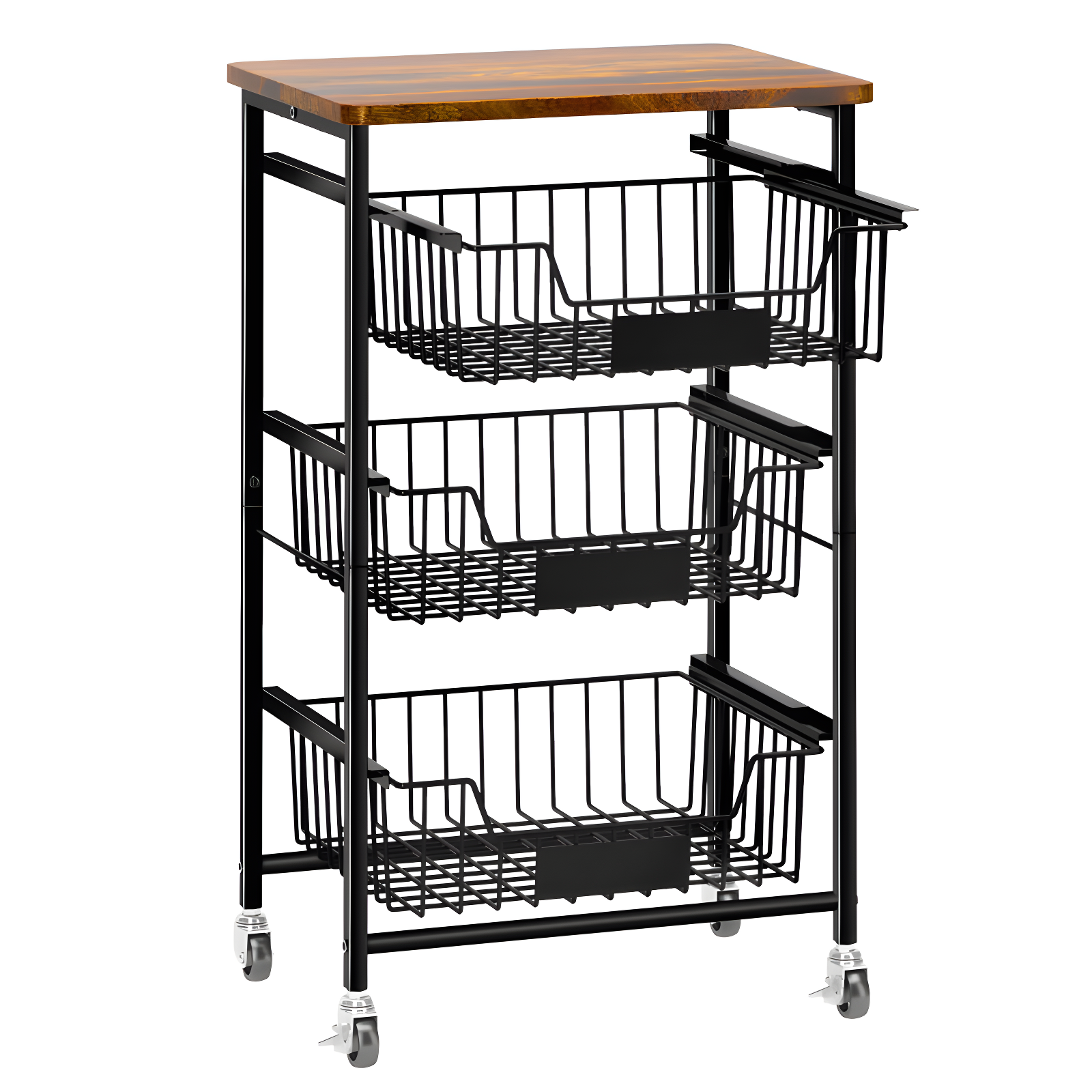 Small Kitchen Storage Cart On Wheels, Metal Fruit Basket Stand With Pull-Out Baskets & Wood Top For Potato Onion Produce Snack Veggies,(4-Tier /Black+ Rustic Board)
