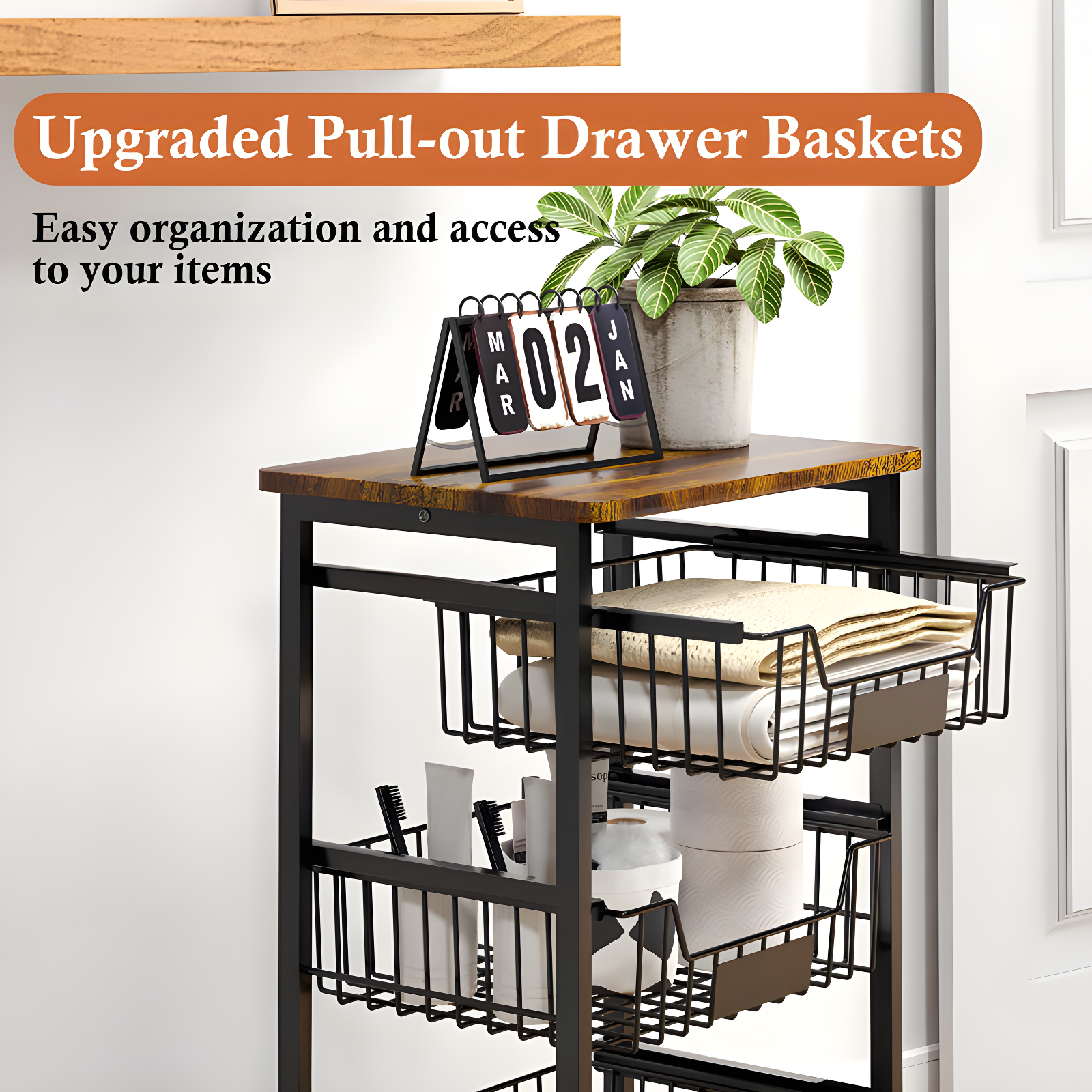Small Kitchen Storage Cart On Wheels, Metal Fruit Basket Stand With Pull-Out Baskets & Wood Top For Potato Onion Produce Snack Veggies,(4-Tier /Black+ Rustic Board)