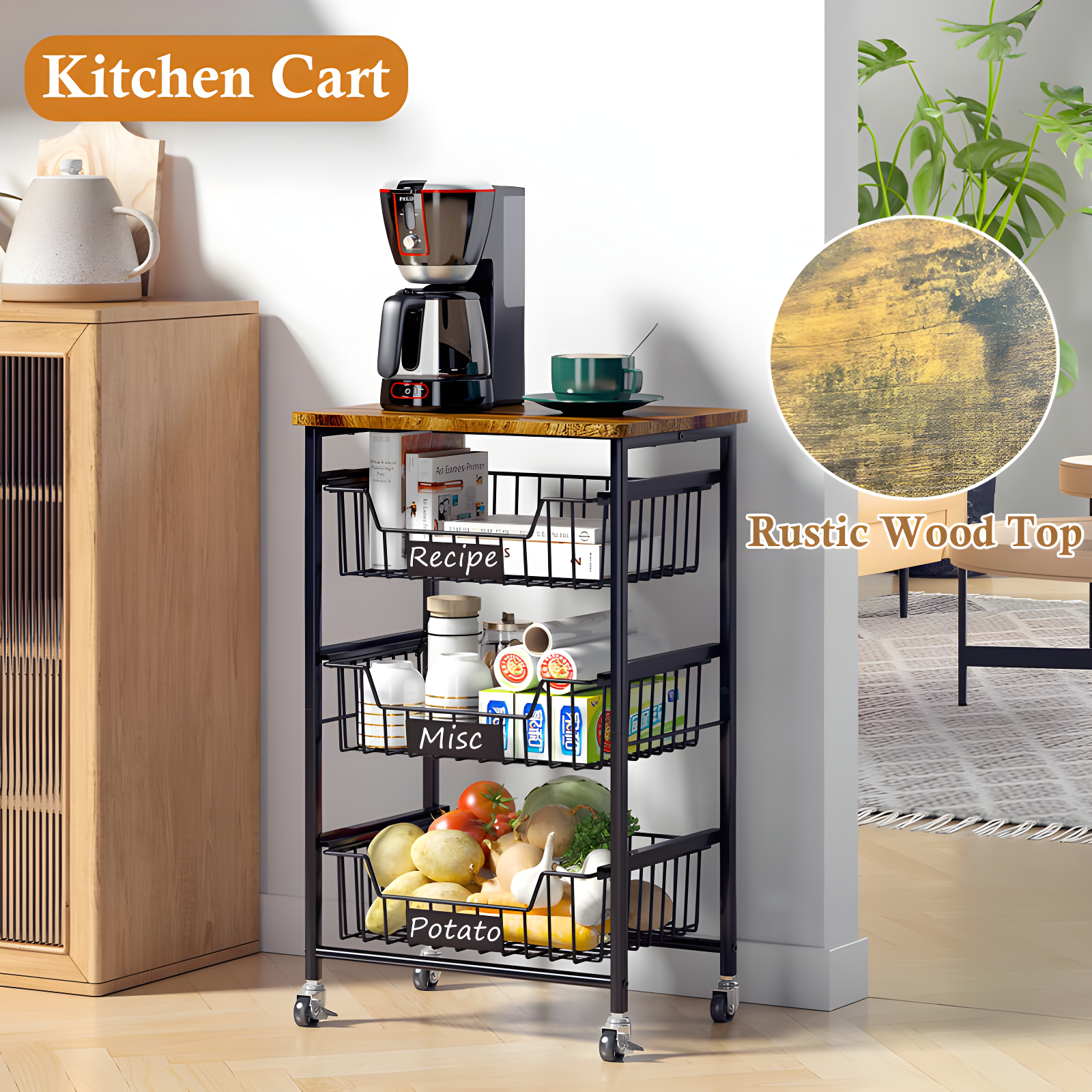 Small Kitchen Storage Cart On Wheels, Metal Fruit Basket Stand With Pull-Out Baskets & Wood Top For Potato Onion Produce Snack Veggies,(4-Tier /Black+ Rustic Board)