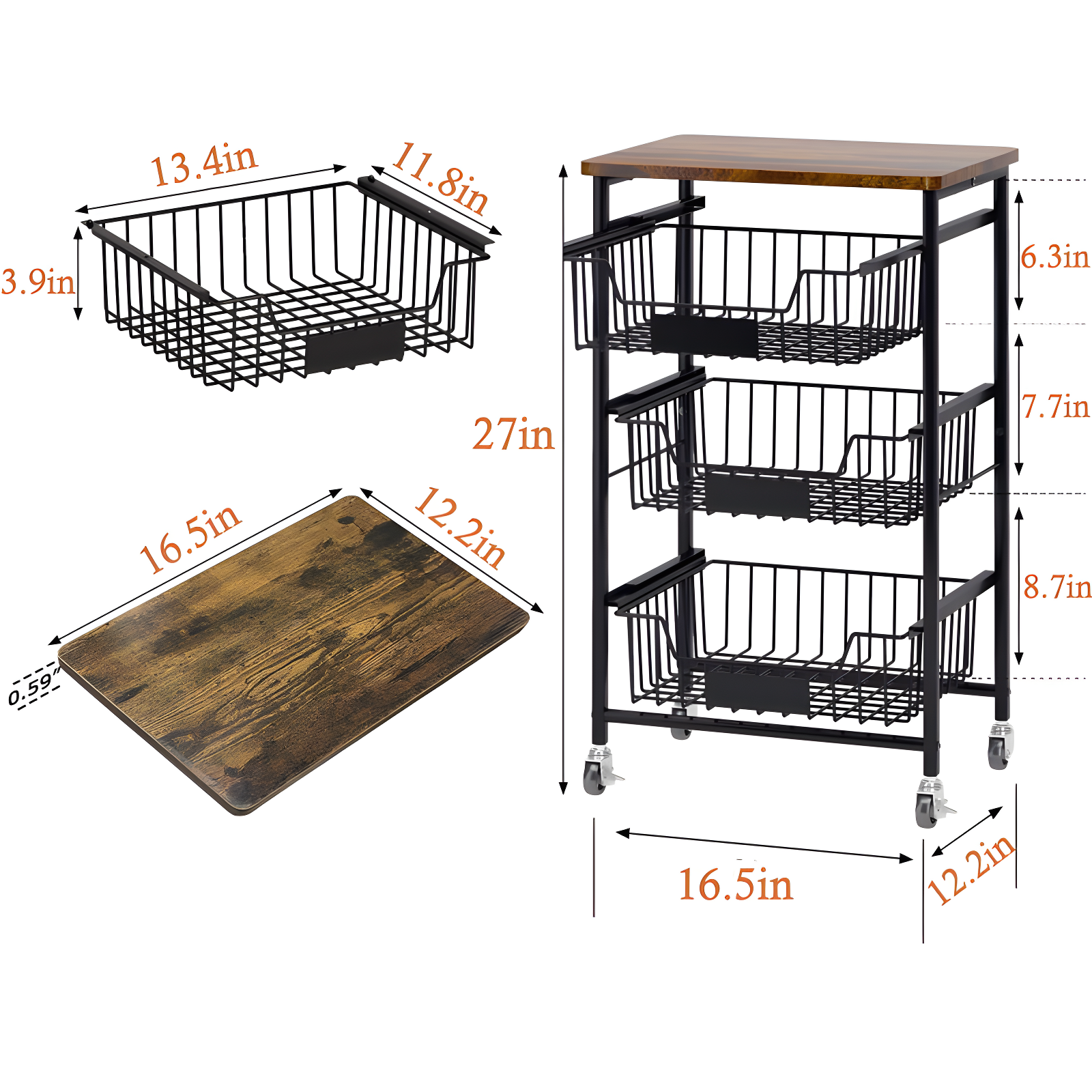 Small Kitchen Storage Cart On Wheels, Metal Fruit Basket Stand With Pull-Out Baskets & Wood Top For Potato Onion Produce Snack Veggies,(4-Tier /Black+ Rustic Board)