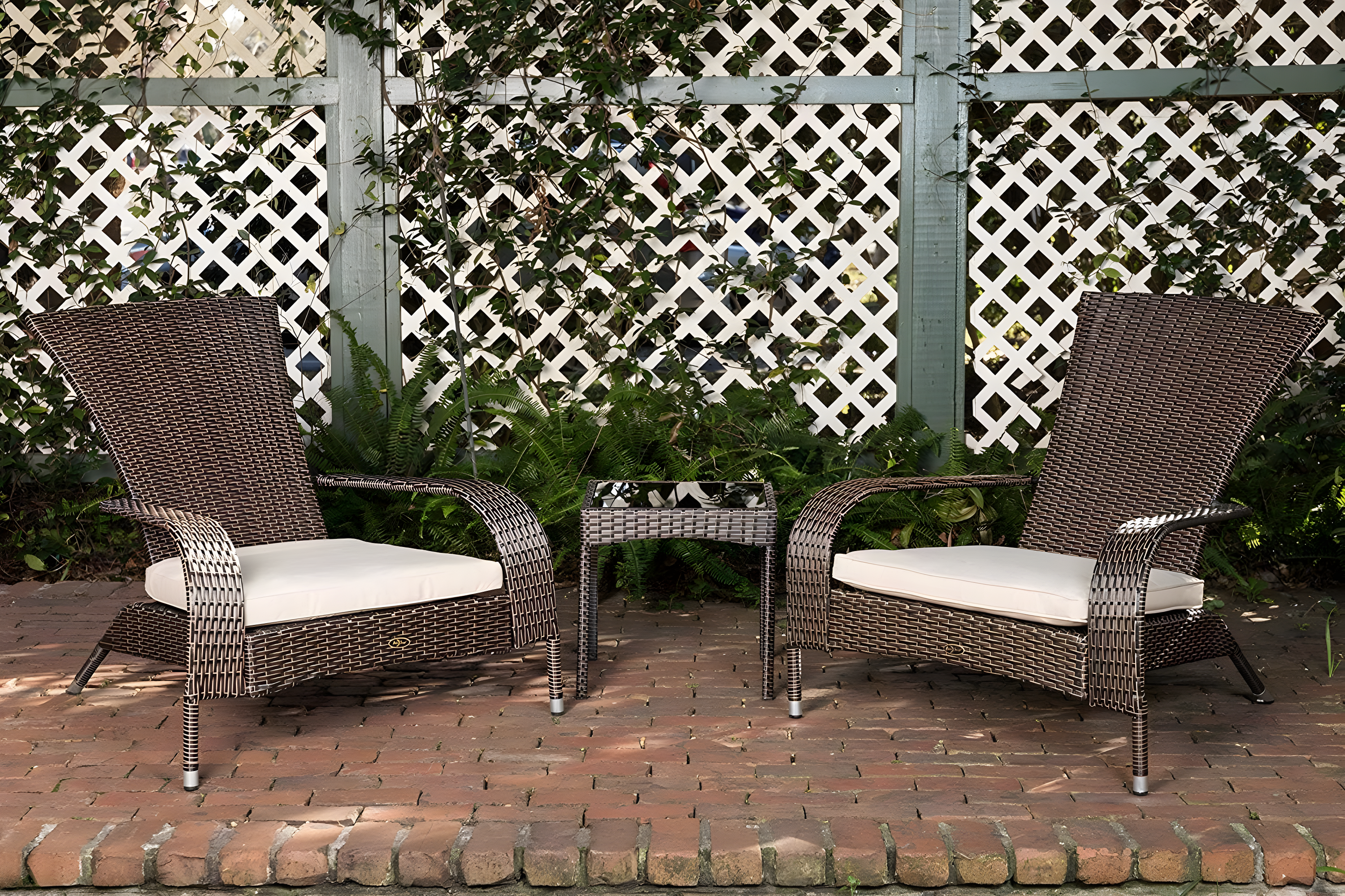 PatioSense Duplex Patio Sense Coconino Wicker Conversation Set, Durable Adirondack Style Chairs Includes Khaki Cushions - Mocha