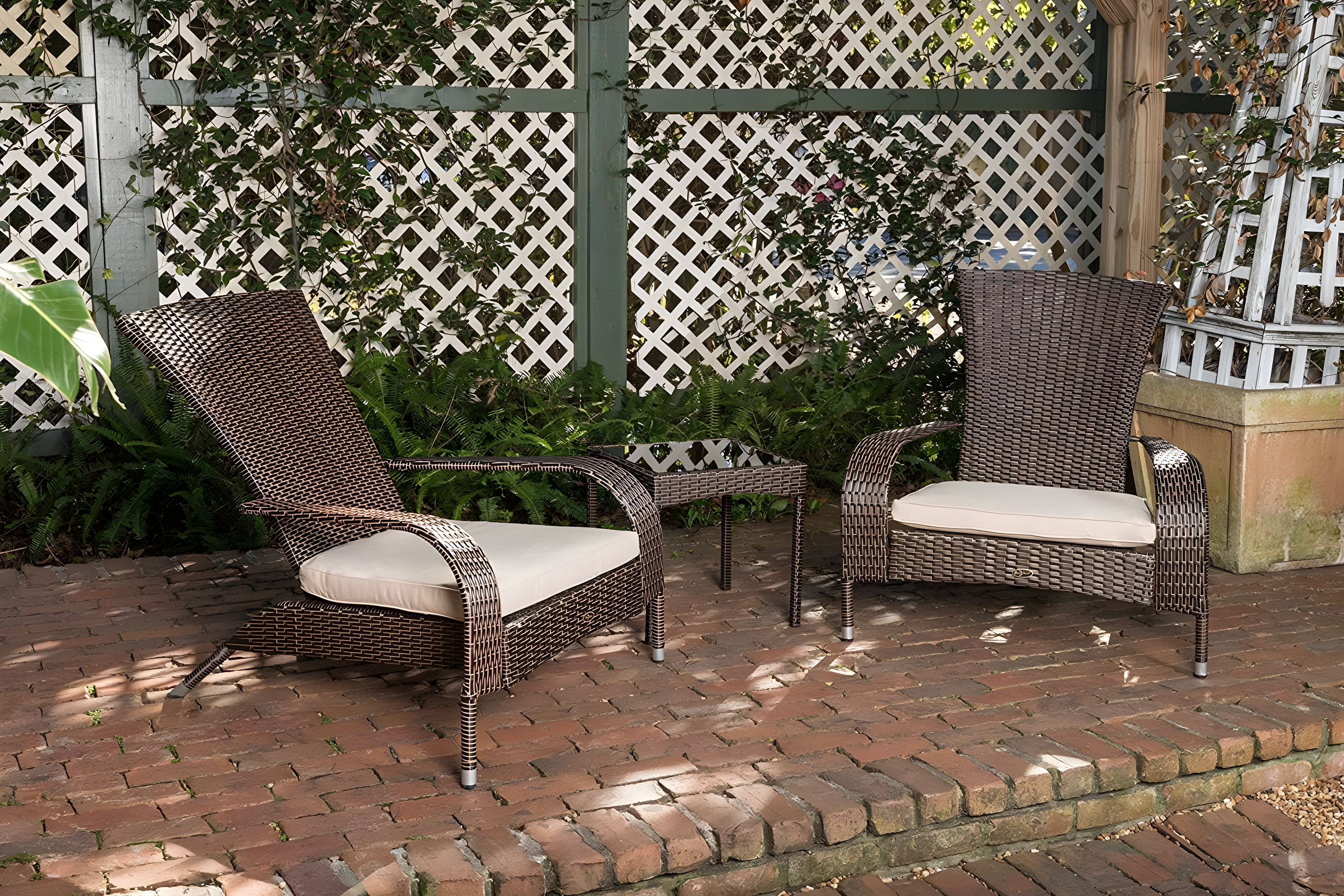 PatioSense Duplex Patio Sense Coconino Wicker Conversation Set, Durable Adirondack Style Chairs Includes Khaki Cushions - Mocha