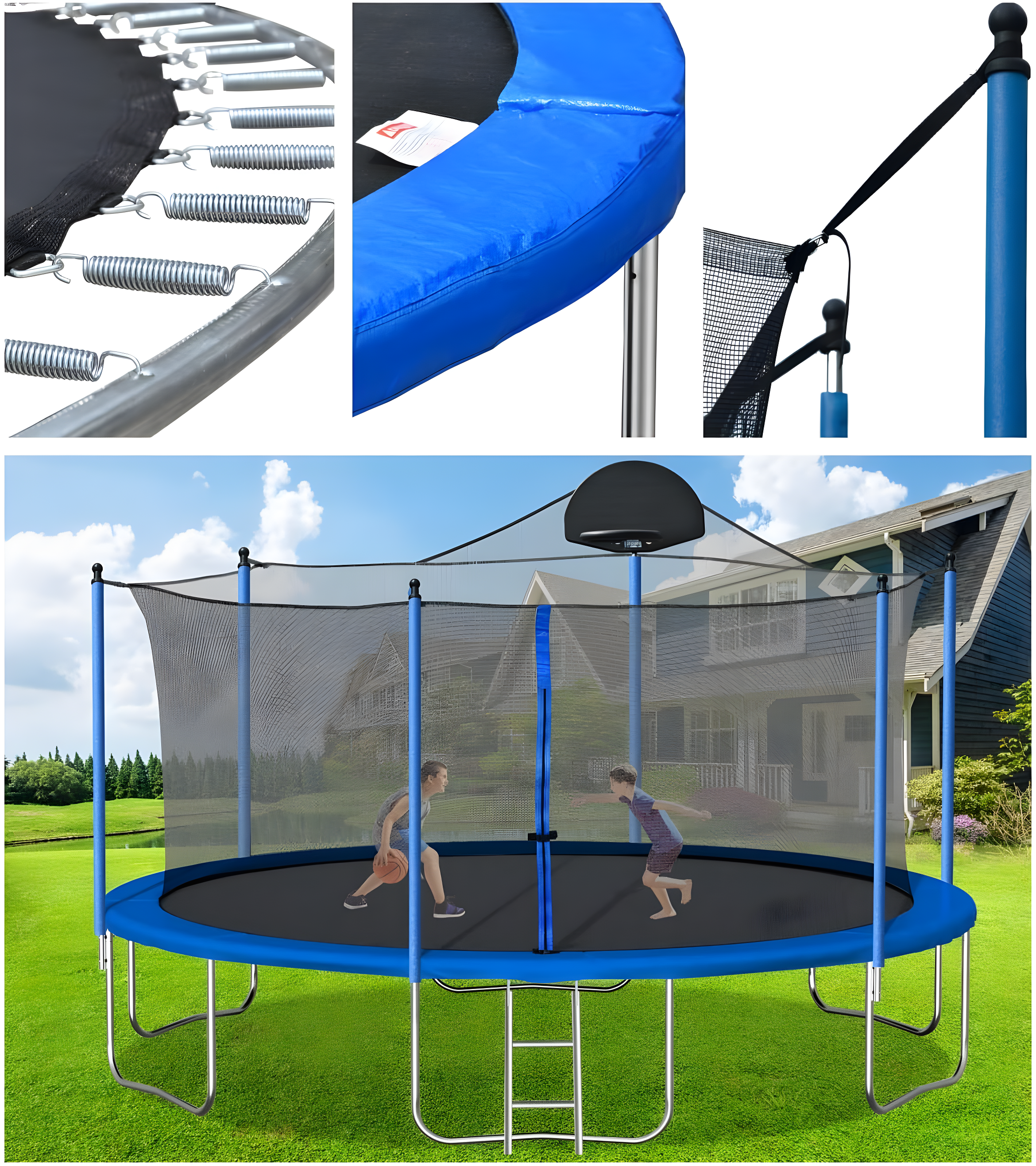 14 FT Trampoline Outdoor with Basketball Hoop, Backyard Trampoline with Enclosure Net, Heavy Duty Large Trampoline for Kids and Adults, Double-side Color cover