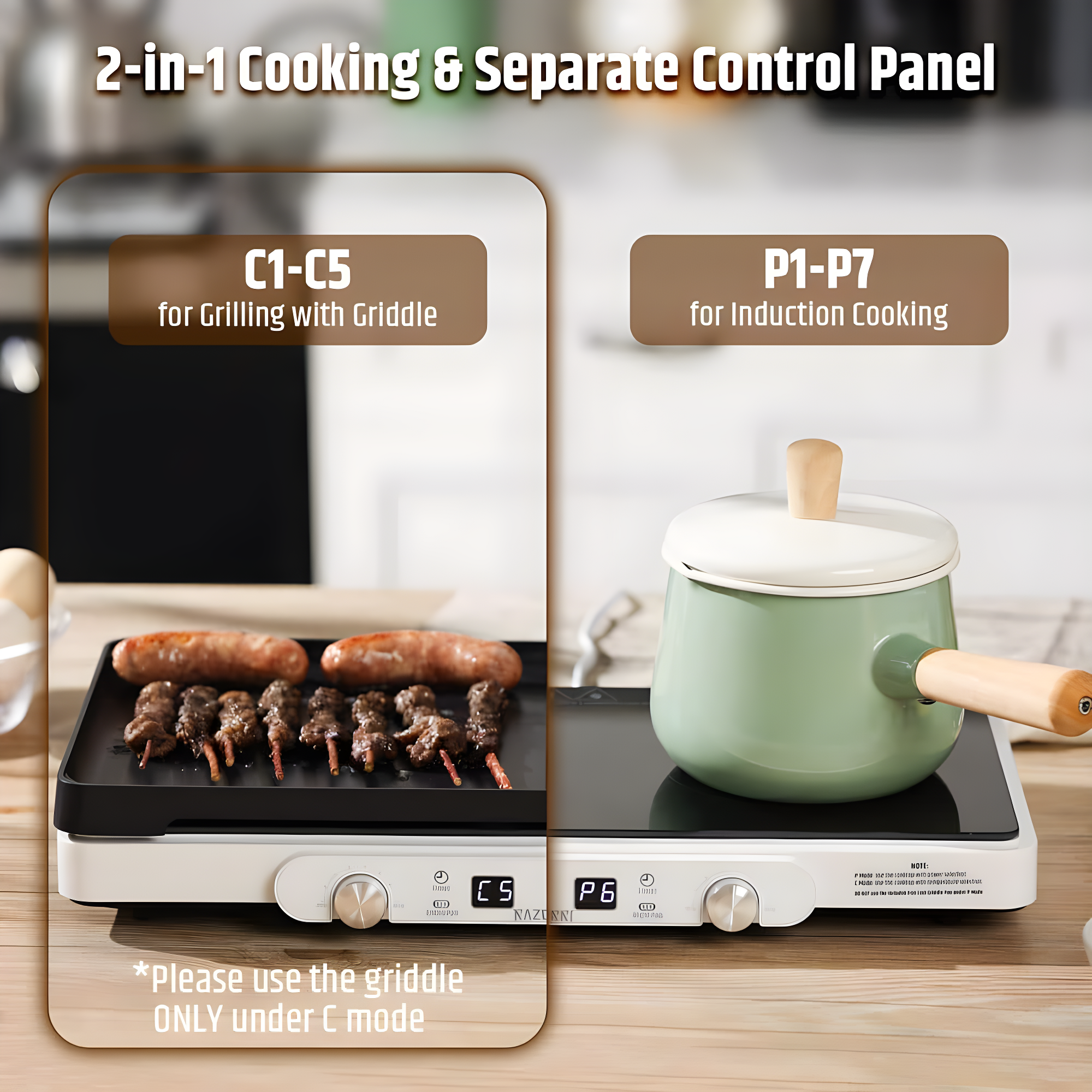 Razorri Electric Induction Cooktop, Removable Cast Iron Griddle Pan Non-Stick, 1800W Double Burner