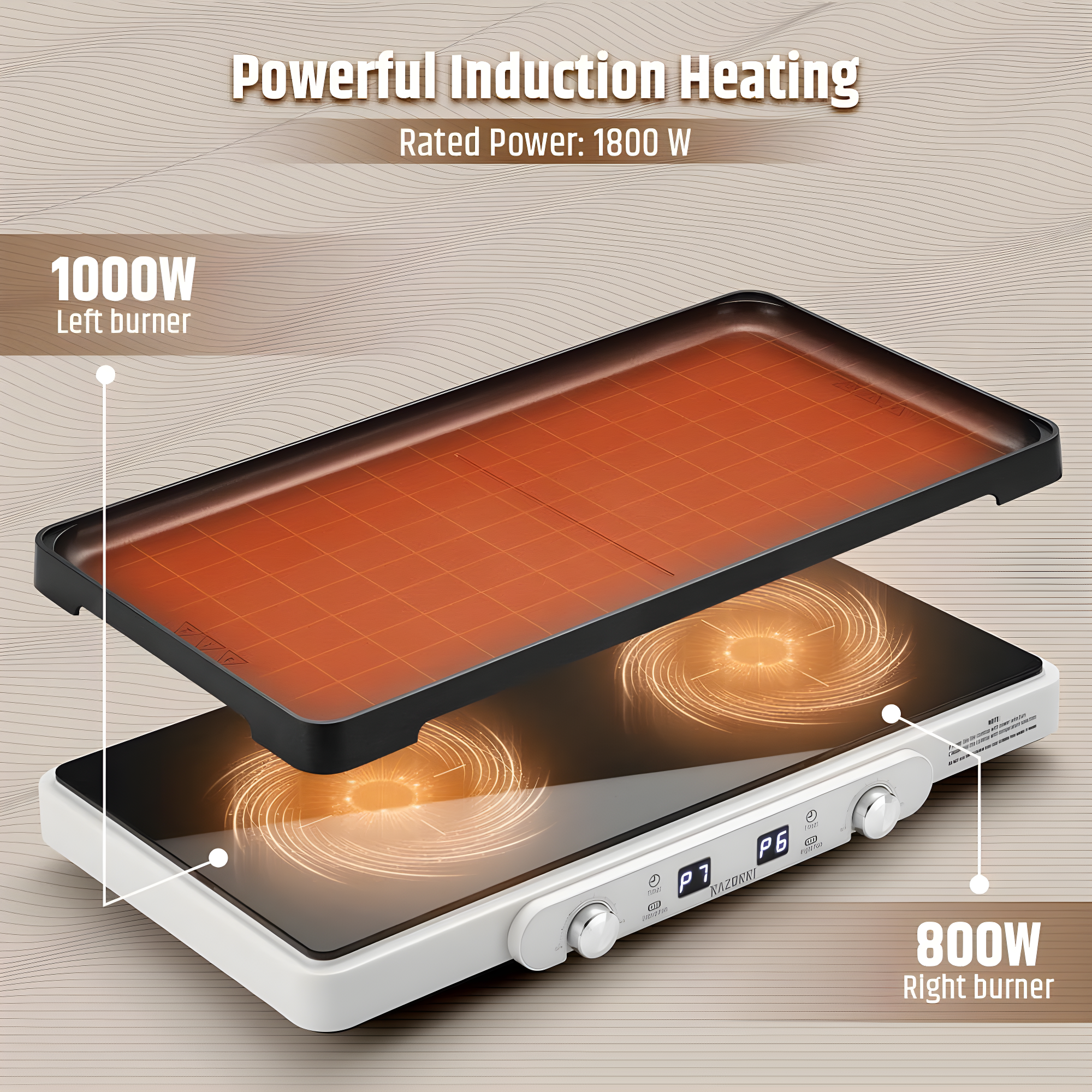 Razorri Electric Induction Cooktop, Removable Cast Iron Griddle Pan Non-Stick, 1800W Double Burner