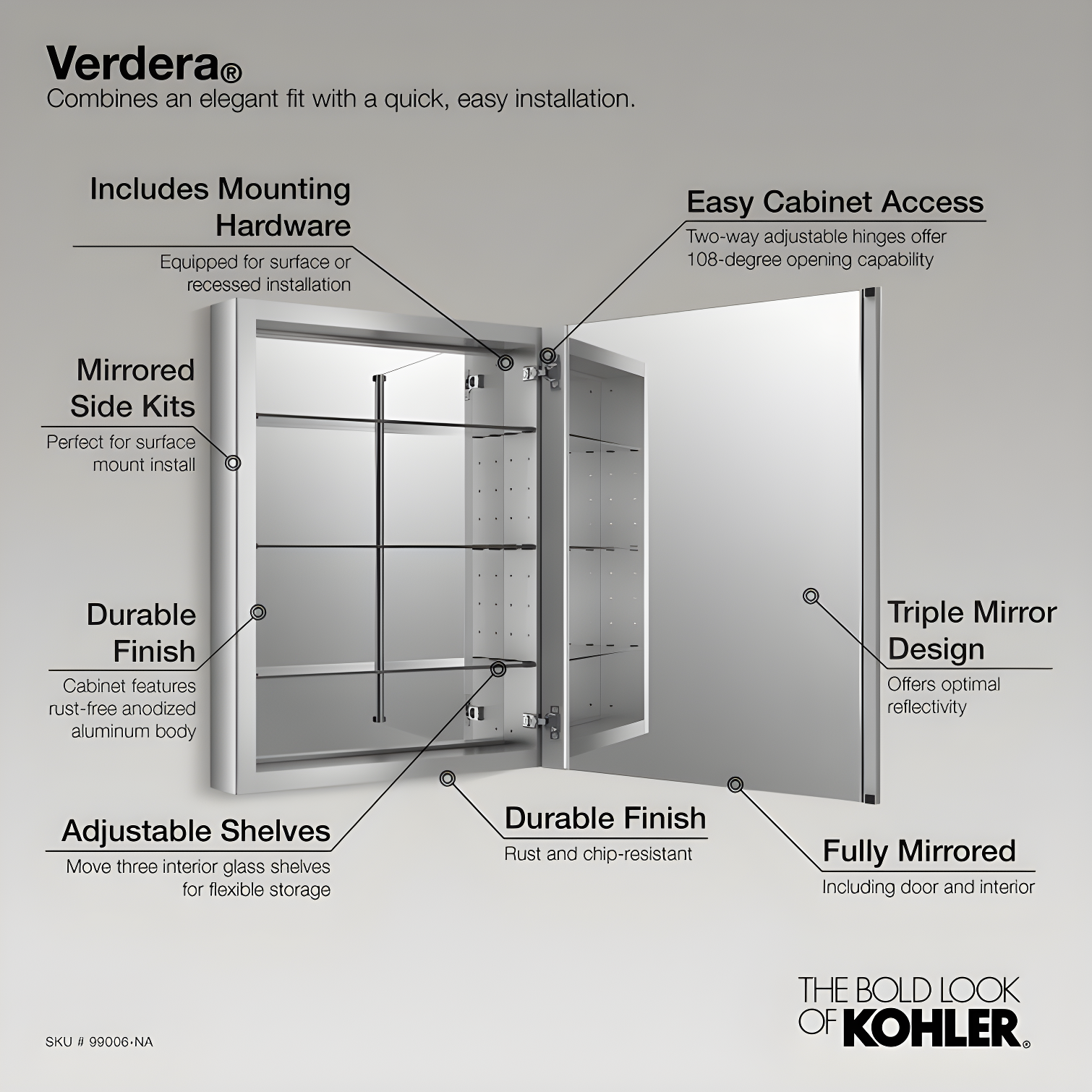 Verdera® Recessed or Surface Mount Frameless Medicine Cabinet with 3 Adjustable Shelves