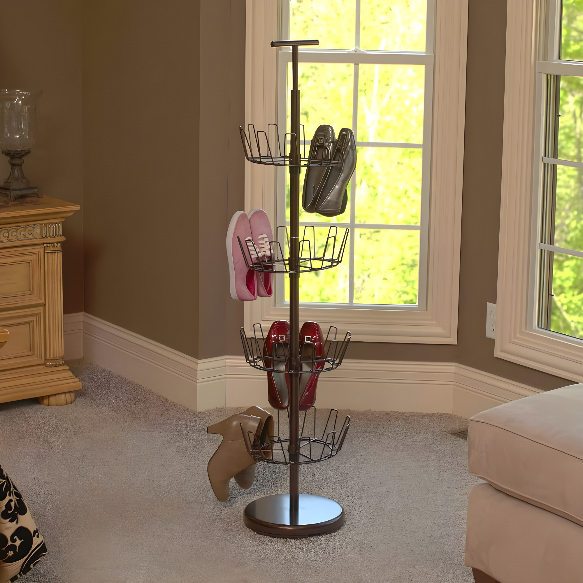 4-Tier Revolving Shoe Tree, Heavy-Duty Steel with Stabilized Base, Holds 24 Pairs of Shoes, Antique Bronze