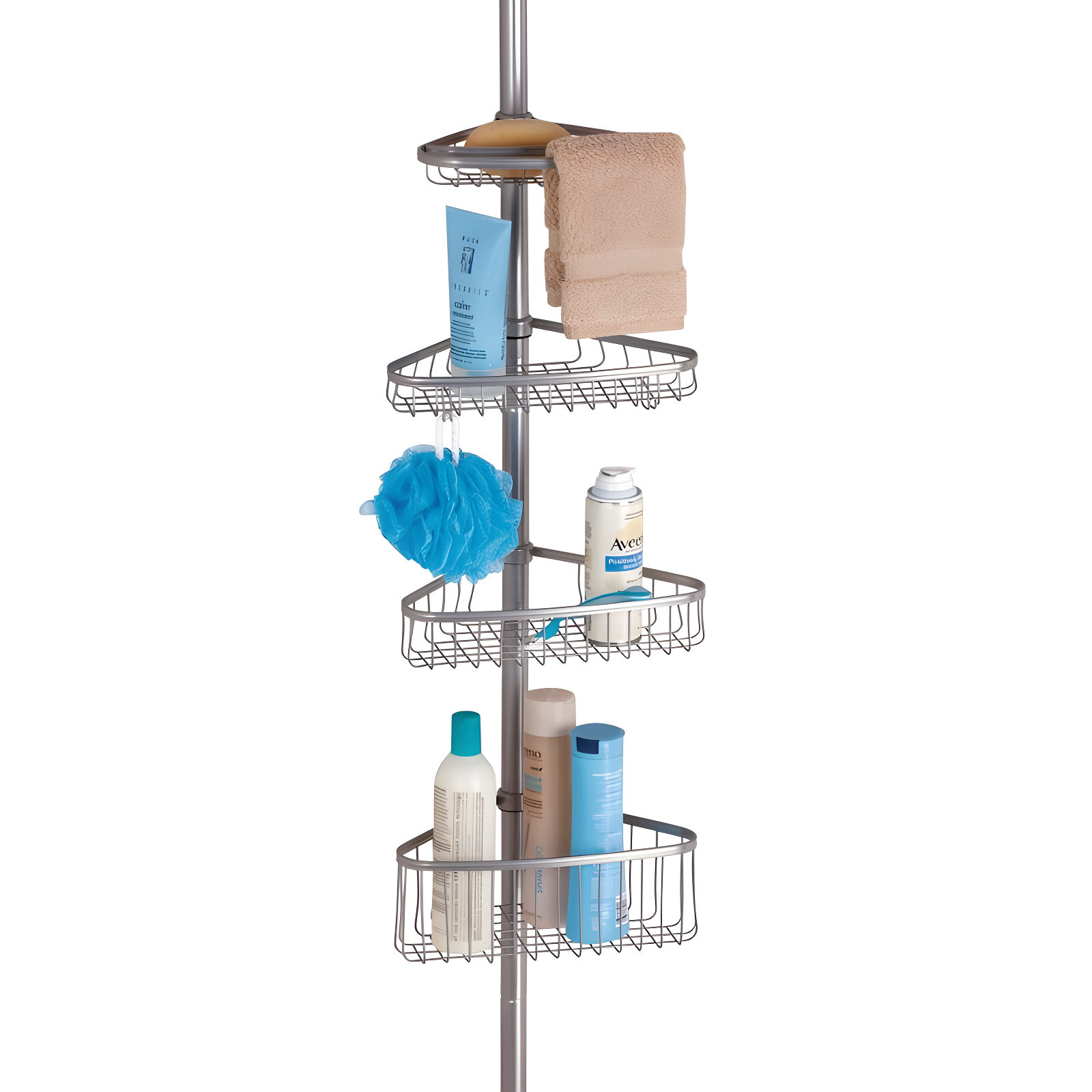 iDESIGN Steel 4 Tier Tension Pole Corner Shower Caddy York Collection Silver