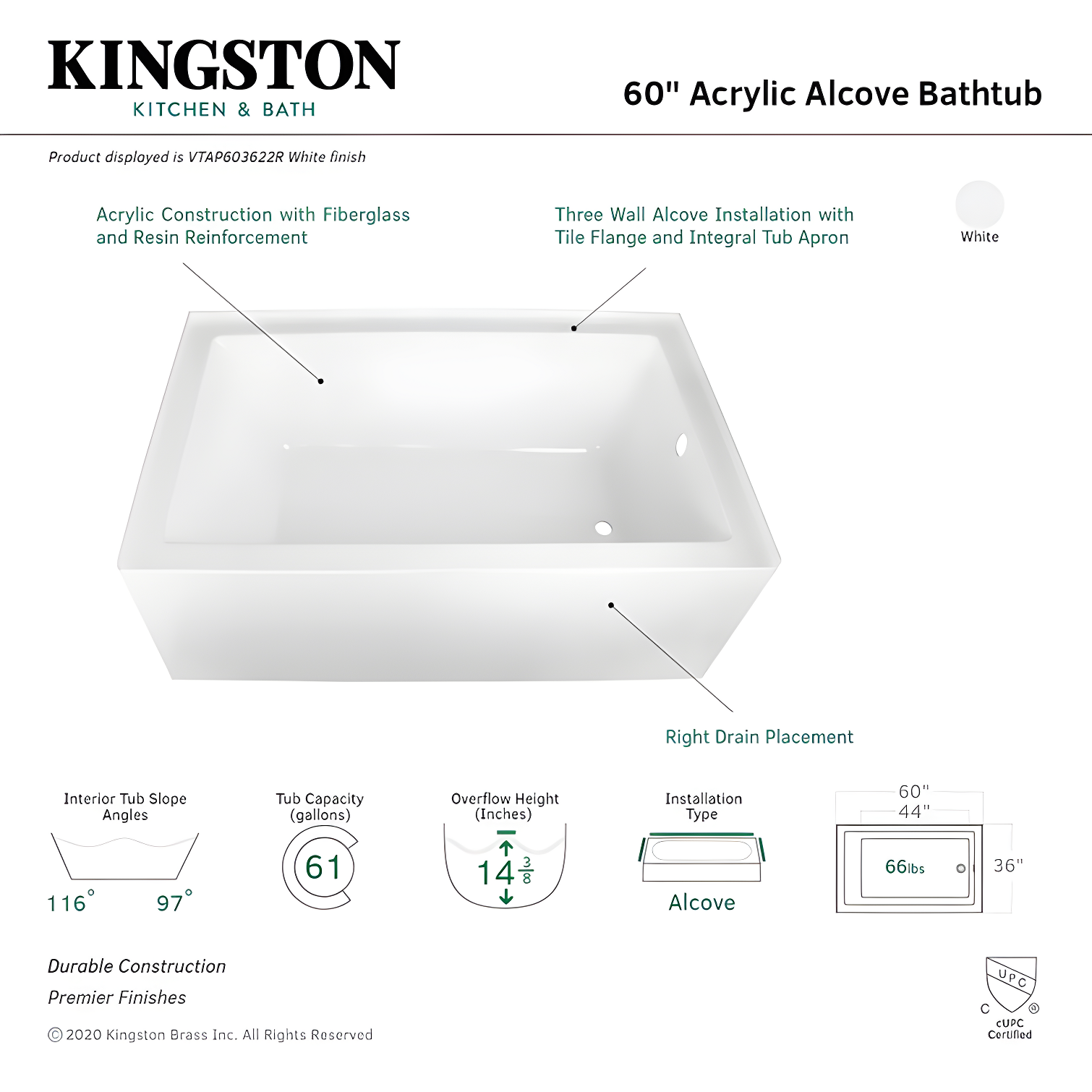 Kingston Brass Aqua Eden 60-Inch Acrylic Rectangular 3-Wall Alcove Tub