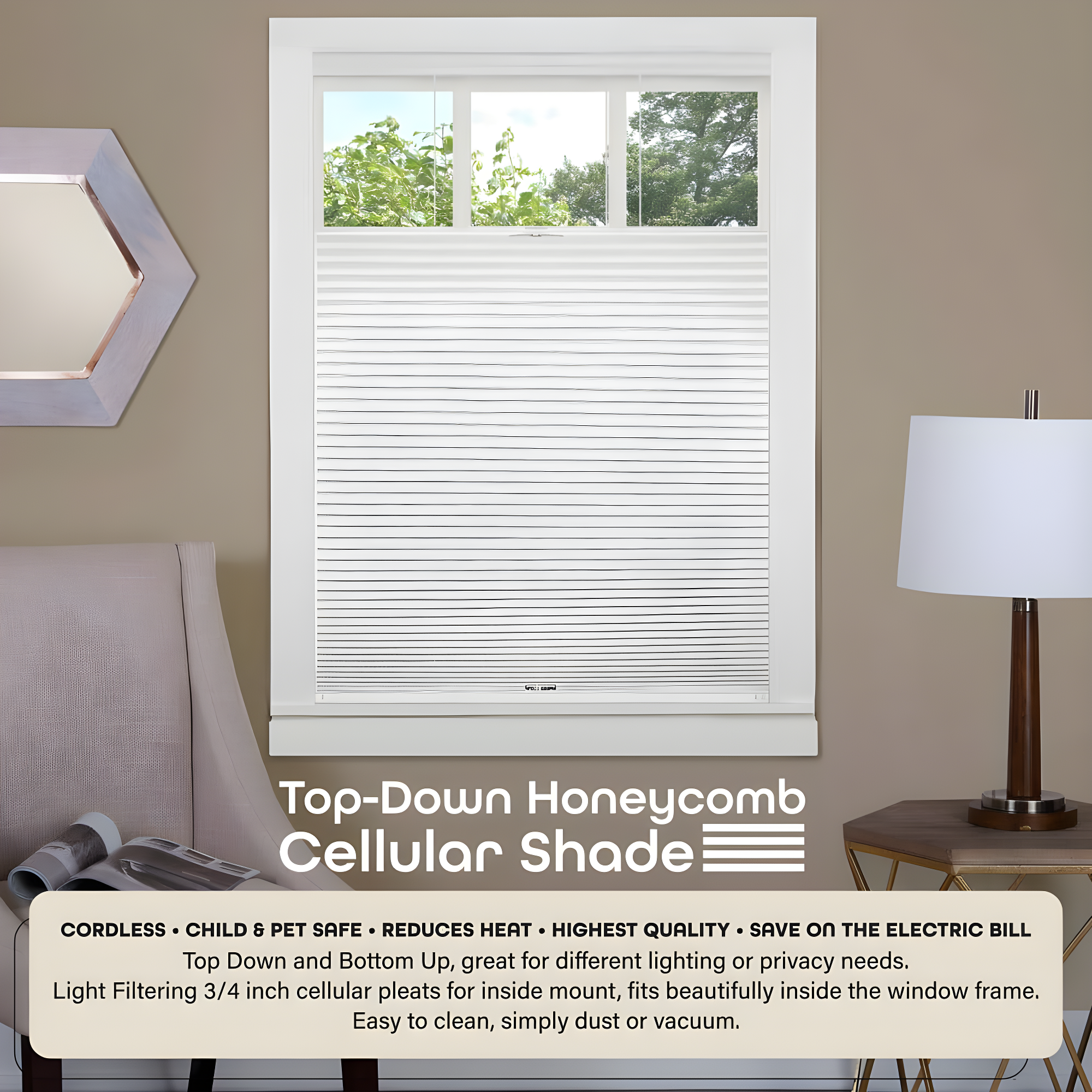 Achim Top Down Bottom Up Indoor Cordless White Polyester Light Filtering Window Cellular Shade, 64" L x 36" W